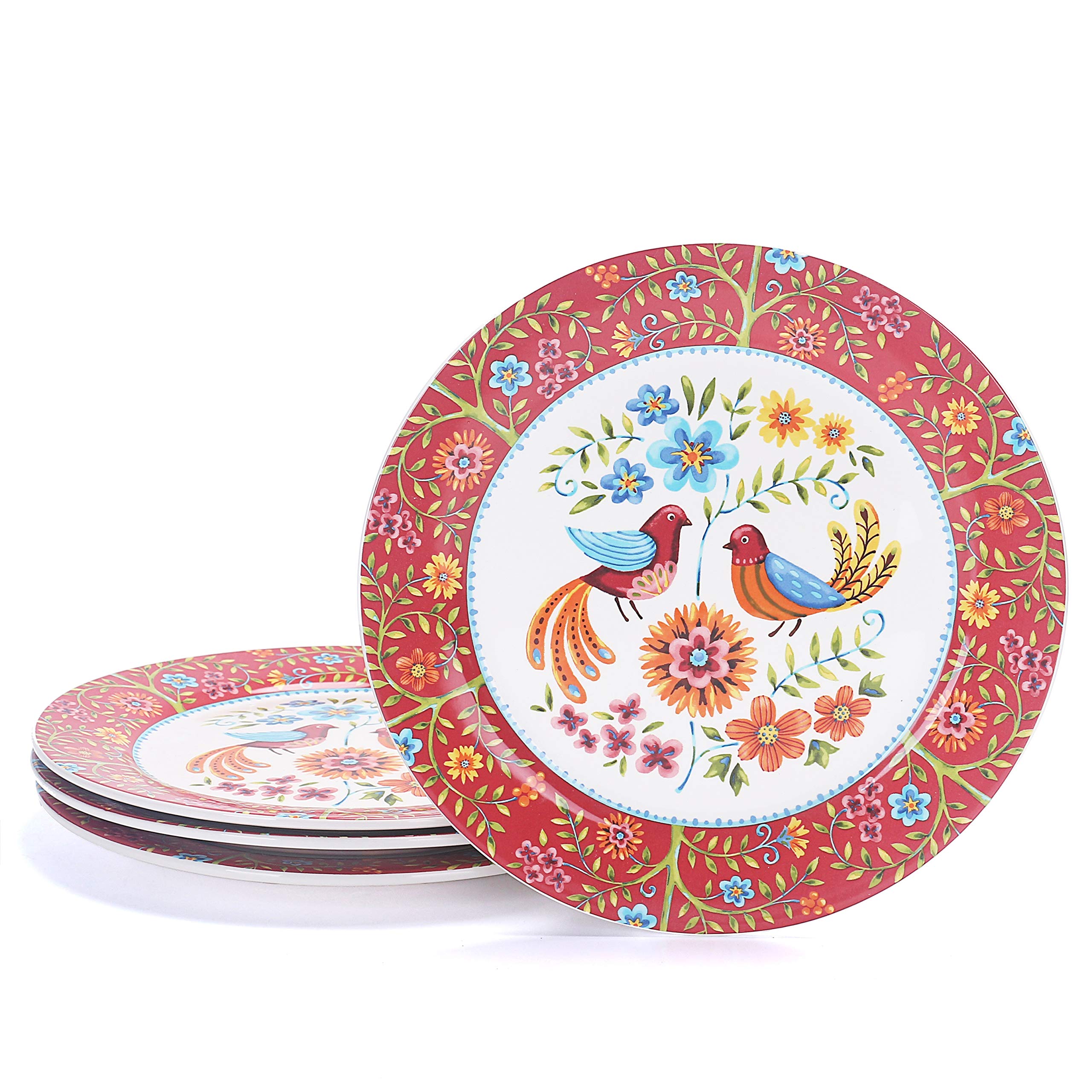 Bico Red Spring Bird Ceramic Dinner Plates Set of 4 - 11 Inch Durable Porcelain Plates for Pasta, Salad, Main Course | Microwave & Dishwasher Safe | Perfect for Family Dinners, Parties & Restaurant Use