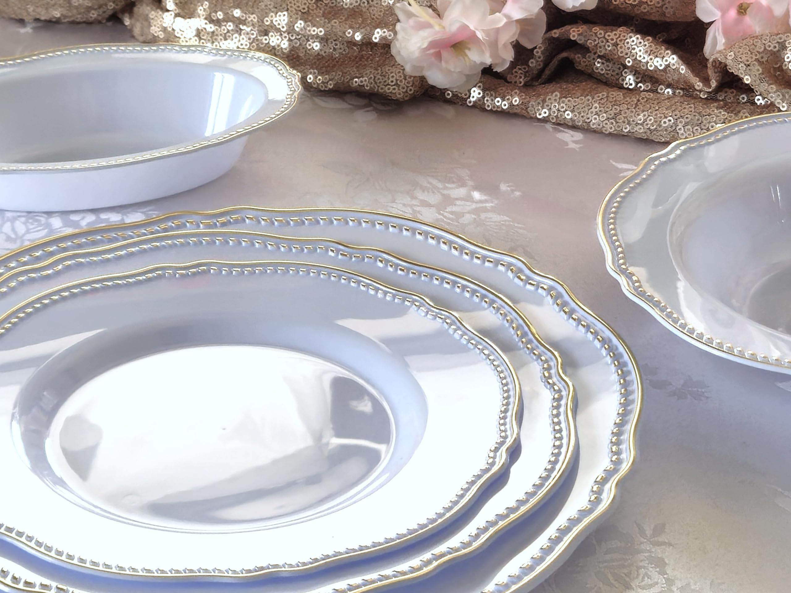 240-Pack Heavyweight Premium Disposable Plastic Plates Set - 120 x 10.25'' Dinner Plates & 120 x 7.5'' Salad/Dessert Plates (Rochelle Blue and Gold) for Parties, Weddings, and Events