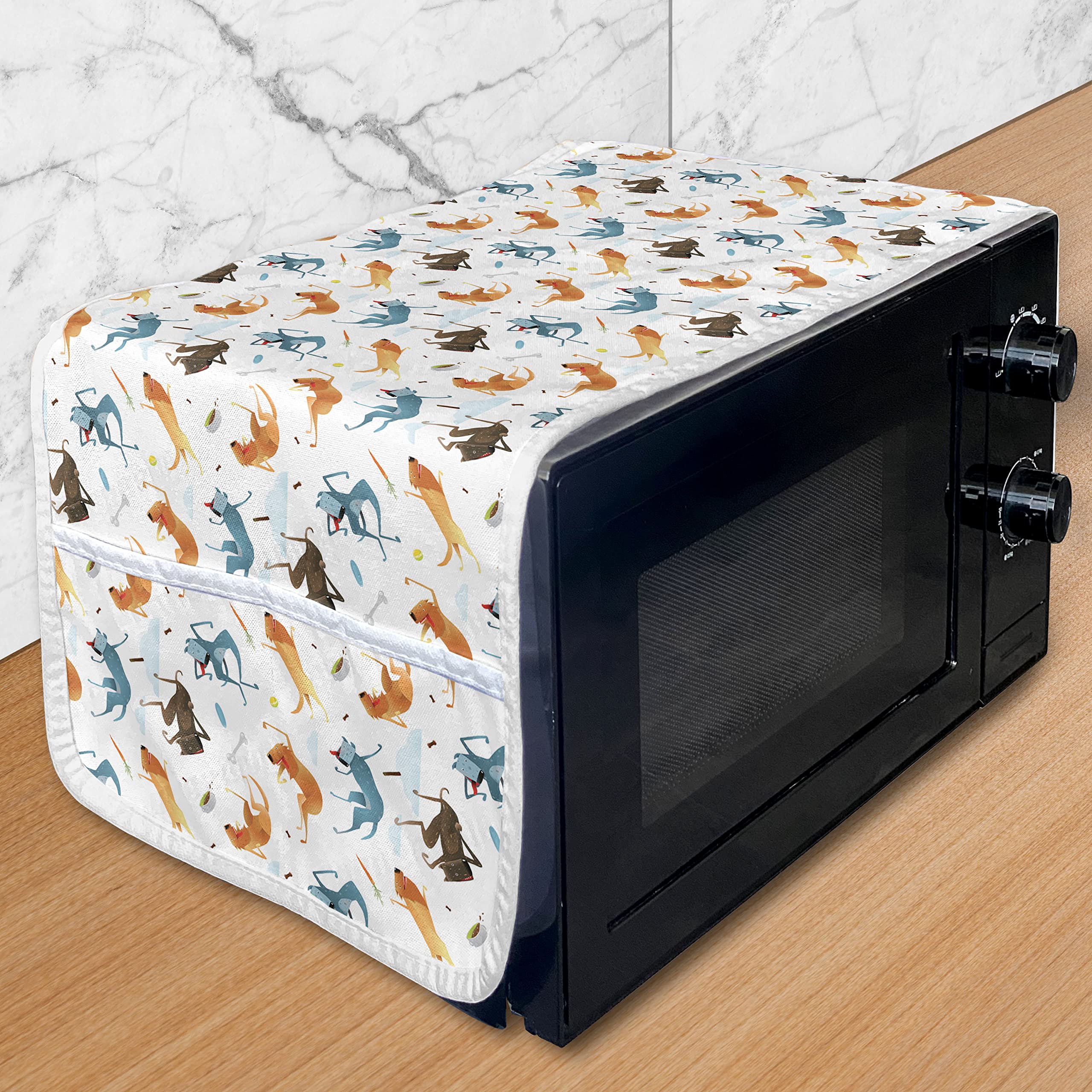 Ambesonne Funny Dog Microwave Cover - Waterproof Kitchen Organizer with Pockets, 36x12 Inches, Slate Blue Ginger - Cute Flying Dogs with Food Bowl Design for Pet Lovers - Perfect for Microwave Protection and Kitchen Decor