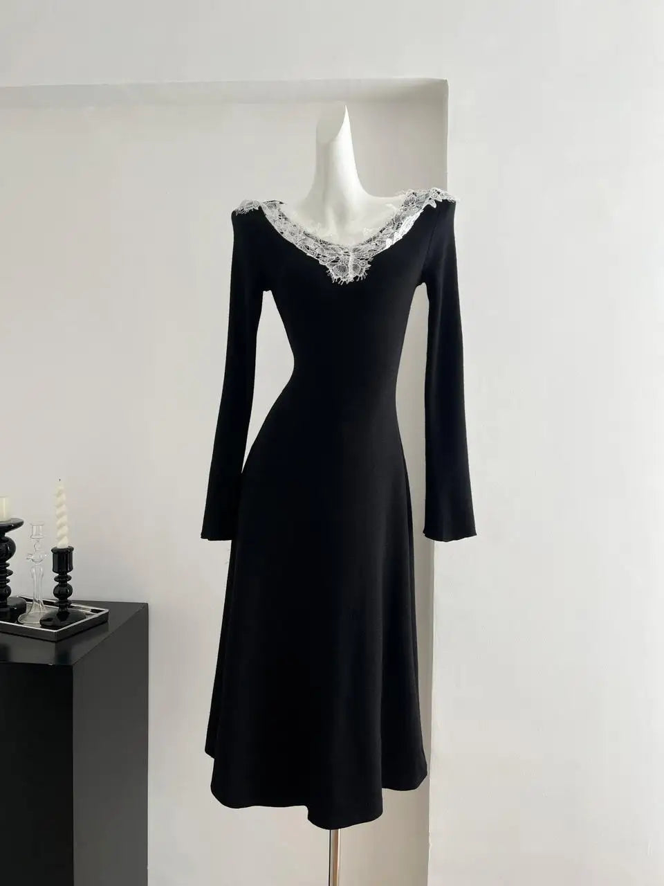 Elegant Black Patchwork Lace V-Neck Knitted Dress for Women - Slim Fit Long Sleeve Evening Gown for Fall Parties, Festivals & Special Occasions | Perfect for Cocktail Parties, Date Nights & Holiday Events