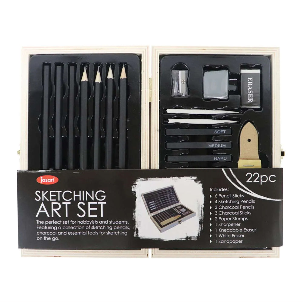 22-Piece Jasart Pencil and Charcoal Sketching Set with Wooden Travel Case - Perfect for Artists, Students & Outdoor Sketching