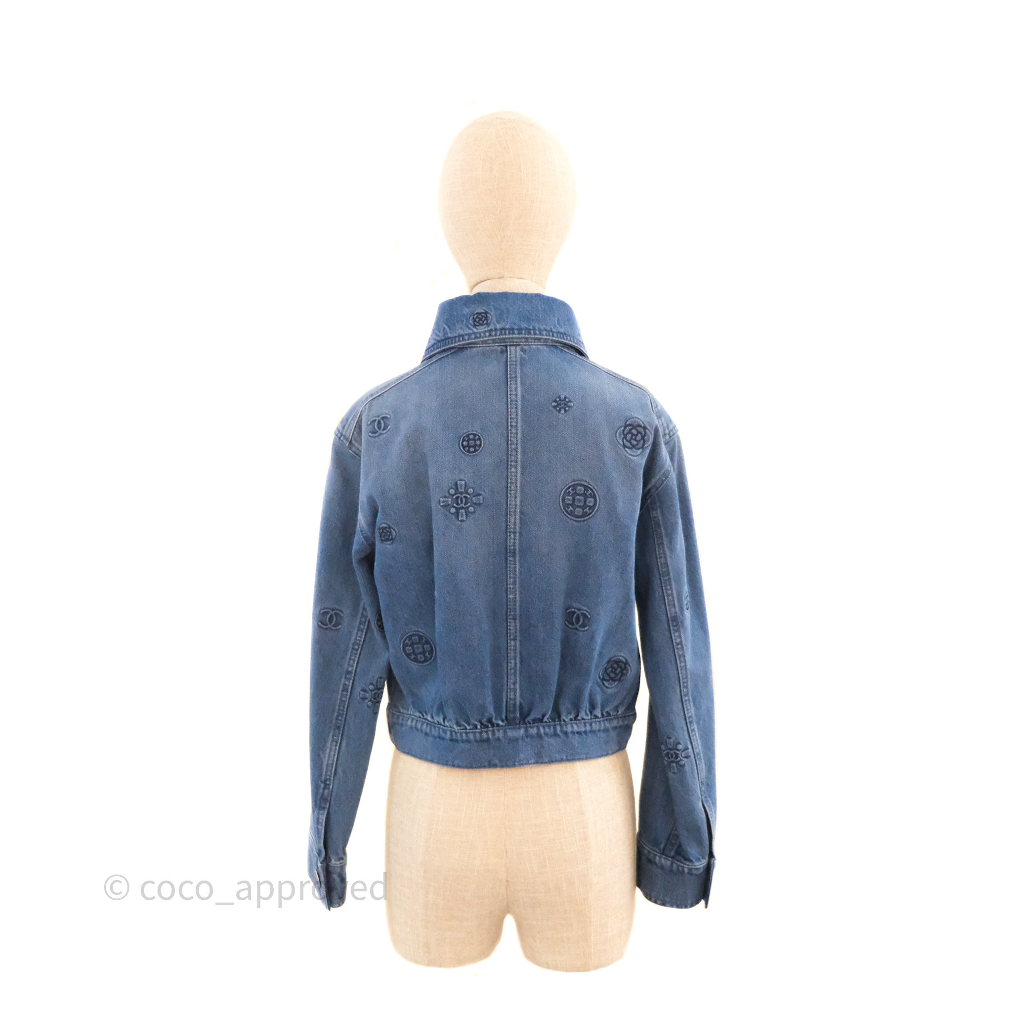 Chanel CC Printed Denim Jacket Women's Size 34 - Classic Designer Denim Jacket for Casual Outfits & Streetwear Fashion