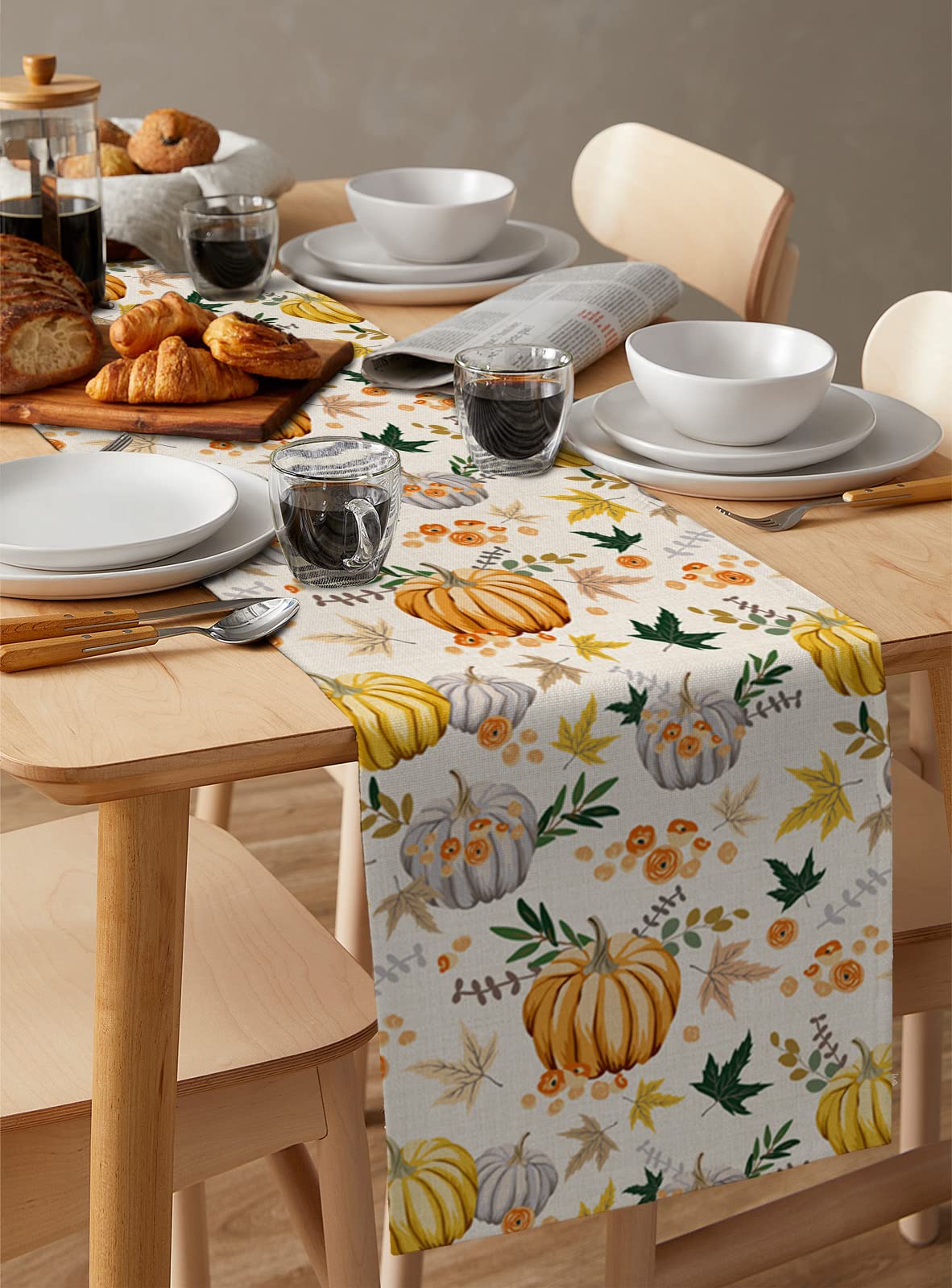 72 Inch Cotton Linen Table Runner - Thanksgiving & Fall Farmhouse Decor for Dining Table, Coffee Table, Dresser | Rustic Burlap with Pumpkin & Maple Leaf Design | Perfect for Wedding, Party & Home Decoration