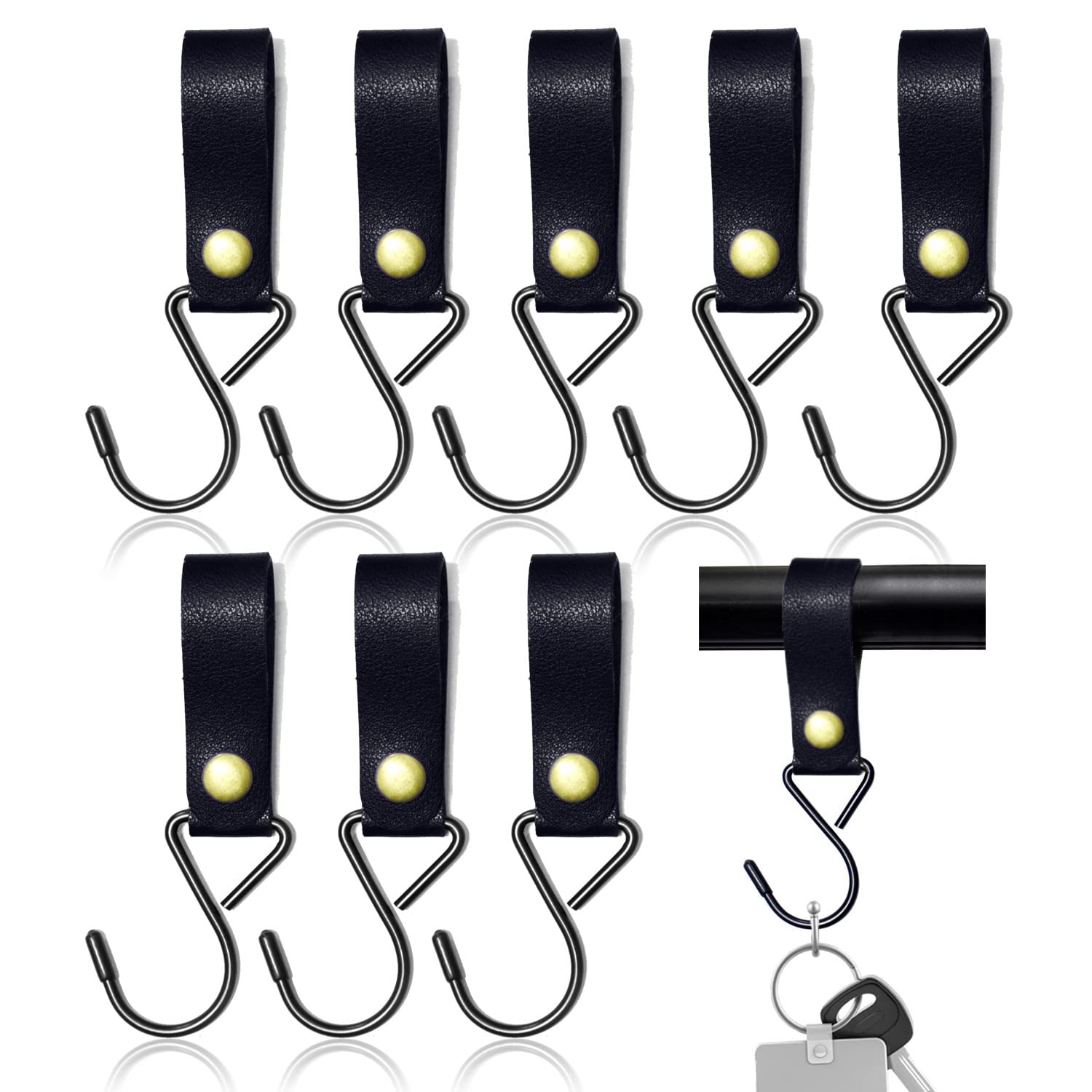 Black Metal S-Hooks 8pcs - Leather Hanging Hooks for Camping, Kitchen & Bathroom
