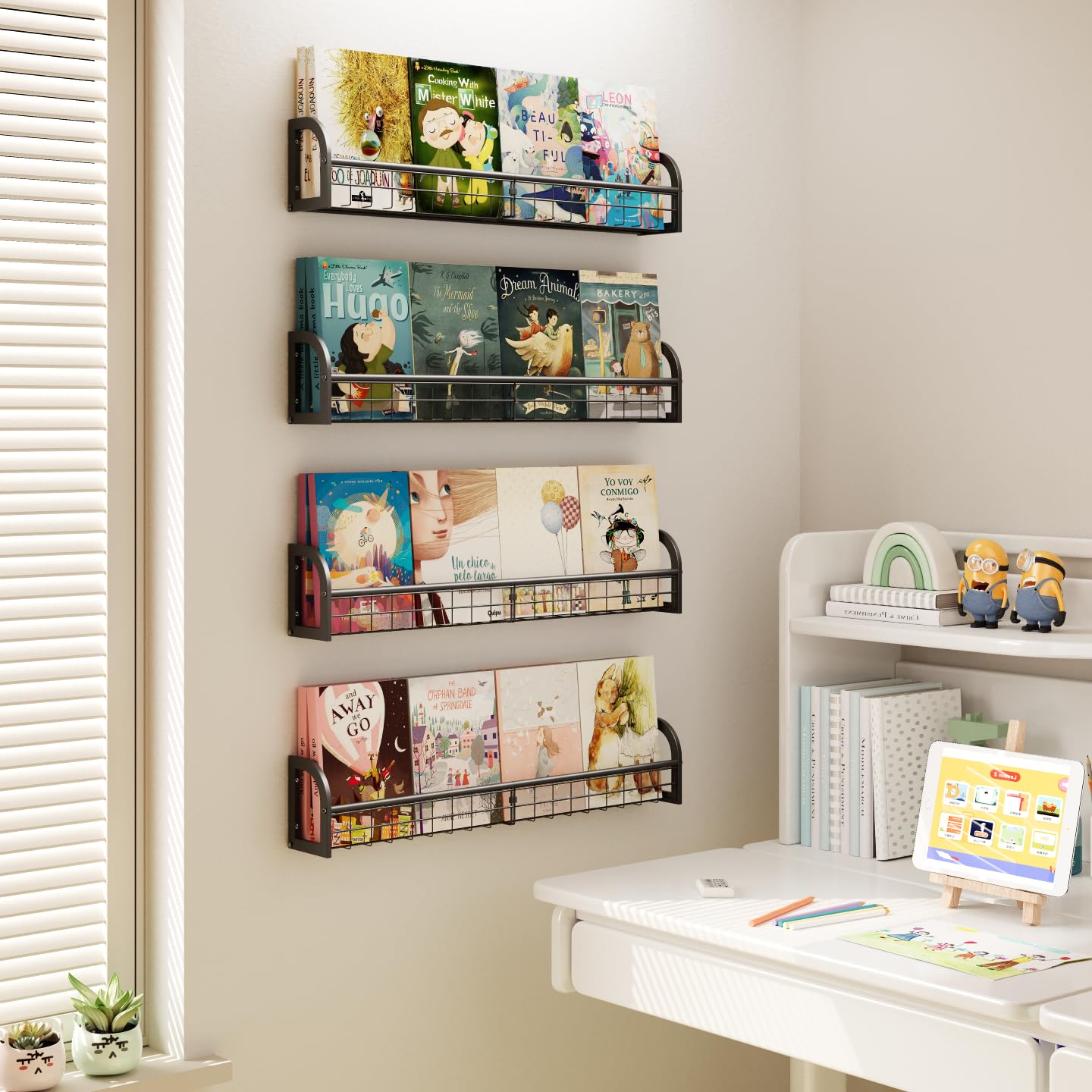 Wall Mounted Bookshelf Set of 4 - Floating Shelves for Kids Room, Nursery & Bedroom Decor - Black Metal Organizer - Perfect for Books, Toys & Display (Home & Office Use)