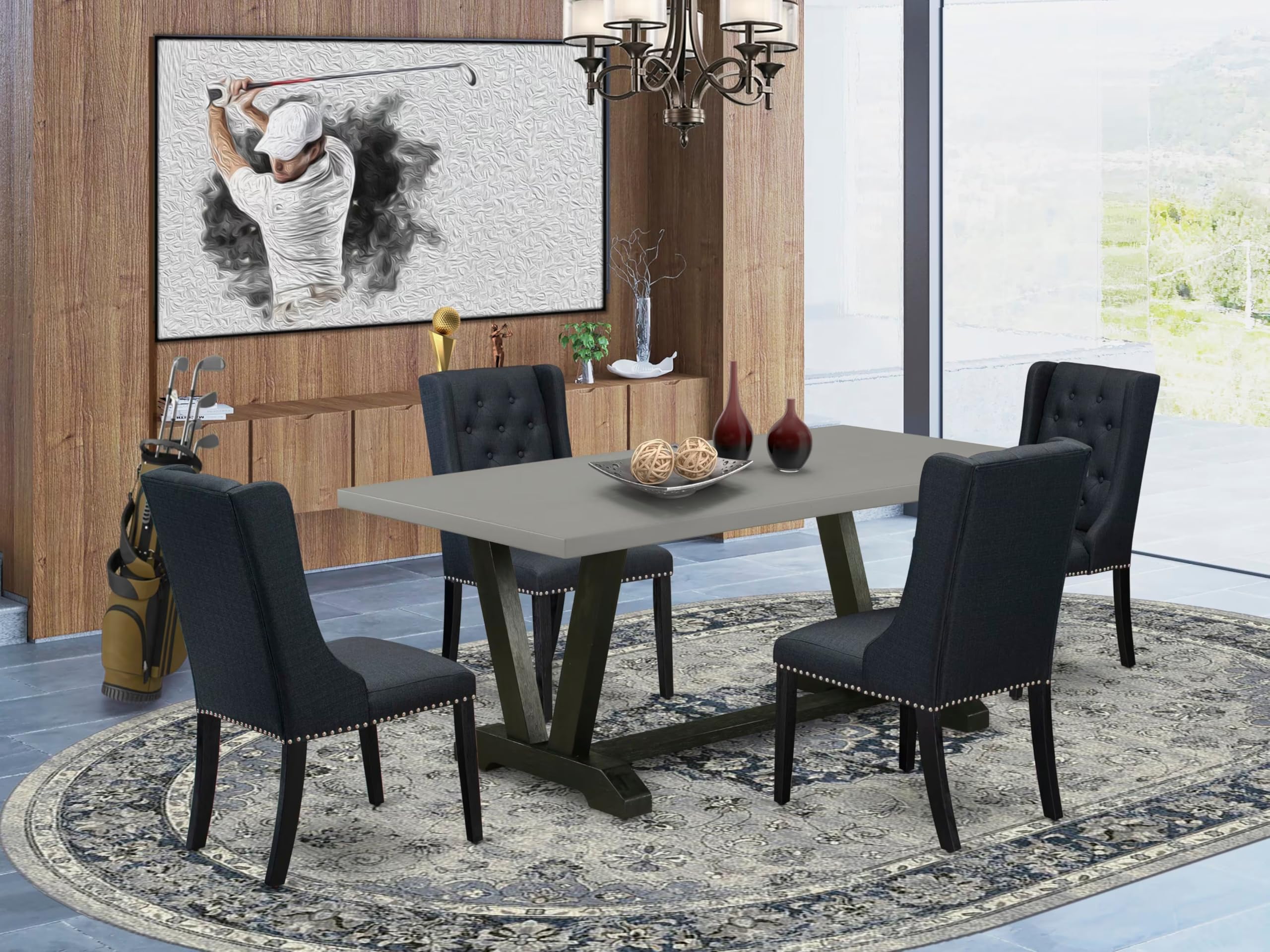 East West Furniture 5-Piece Kitchen Dining Set - 40x72 Inch Rectangle Table with V-Legs & 4 Black Linen Fabric Chairs | Modern Dining Room Furniture for Small Spaces | Perfect for Family Meals, Dinner Parties, and Everyday Use