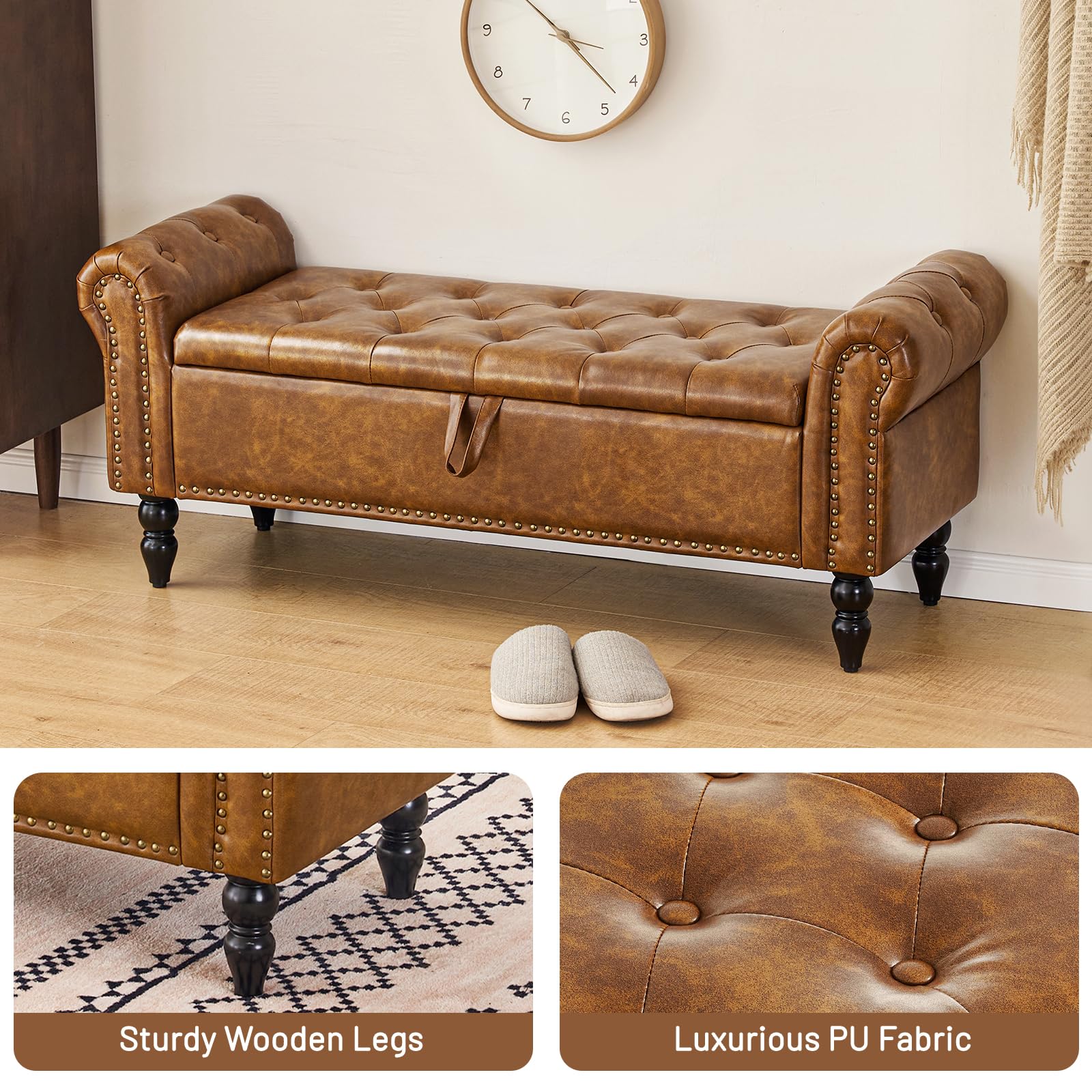 Furniliving Leather Storage Ottoman Bench - Solid Wood Legs, Upholstered Footrest & Seat with Hidden Storage | Living Room, Bedroom, Entryway Furniture | Perfect for Small Spaces & Home Organization (Yellow-Brown)