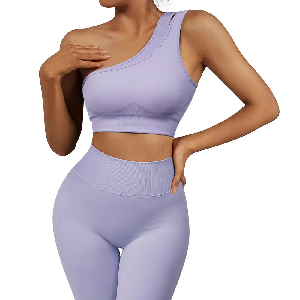 2 Pcs Women's Seamless Yoga Set - One Shoulder Workout Outfits for Gym, Fitness & Sports | Breathable & Comfortable Activewear for Yoga, Running & Training