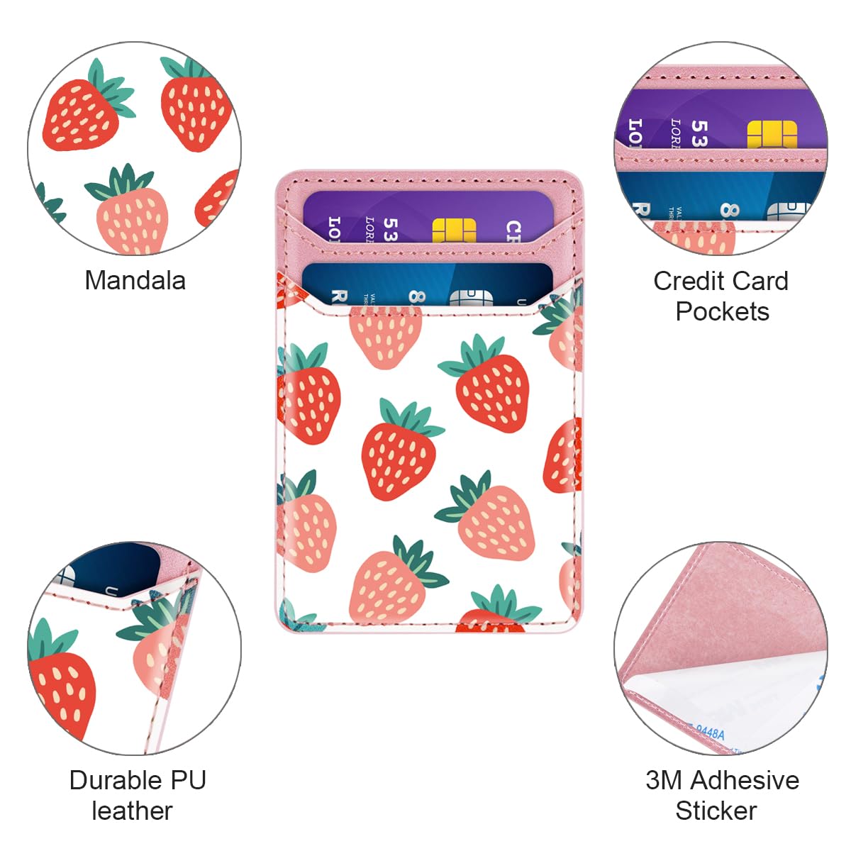 Self Adhesive Phone Card Holder - Leather RFID Blocking Wallet Pocket for iPhone & Samsung - Stick On Credit Card Sleeve for Phone Case (Strawberry Design) - Perfect for Contactless Payments & On-the-Go Convenience