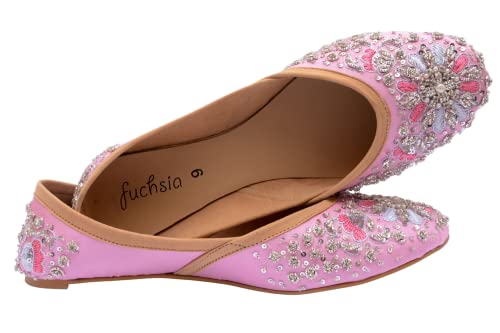 Vegan Embroidered Ballet Flats for Women - Handmade Fuchsia Wedding Shoes with Padded Insole, Round Toe Slip-On Bridal Flats - Soft & Comfortable for Weddings, Parties & Casual Wear (Size 5, Pink Charlotte)