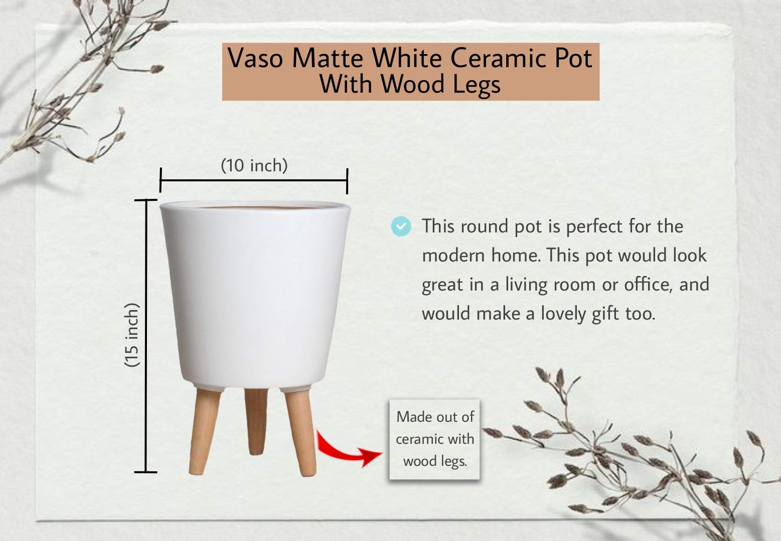 Serene Spaces Matte White Ceramic Plant Pot Holder with Wooden Legs - 15