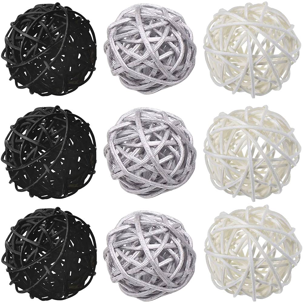 9 Pcs 3 Inch Wicker Balls - Natural Rattan Decorative Balls for Home Decor, DIY Vase Filler, Wedding Table Centerpiece, Nursery & Baby Room Décor - White, Black, Silver - Perfect for Boho, Farmhouse & Rustic Style Decorations