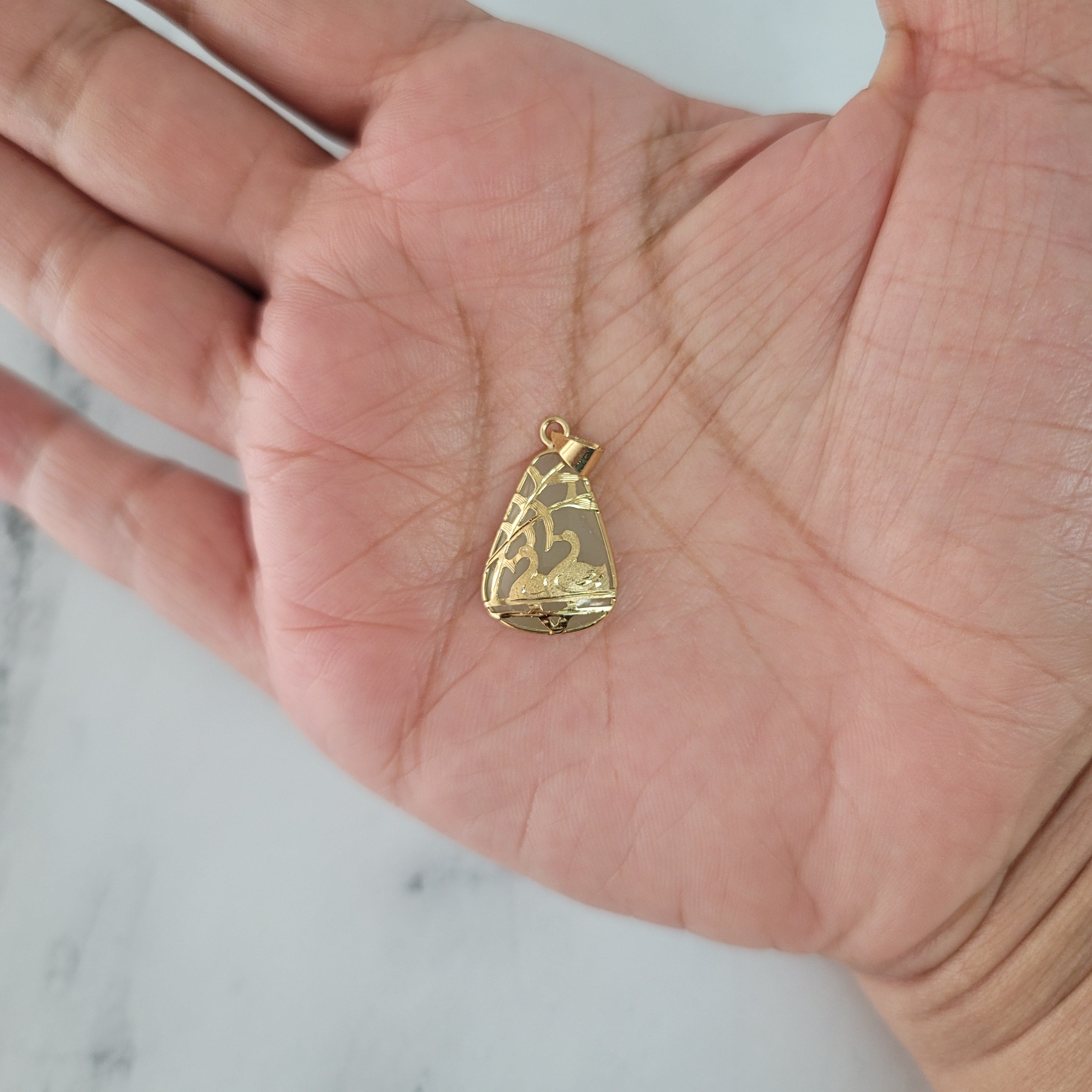 14K Yellow Gold Triangular Jade Necklace with Swan Design - Elegant Jewelry for Women, Perfect for Weddings, Parties & Gifts