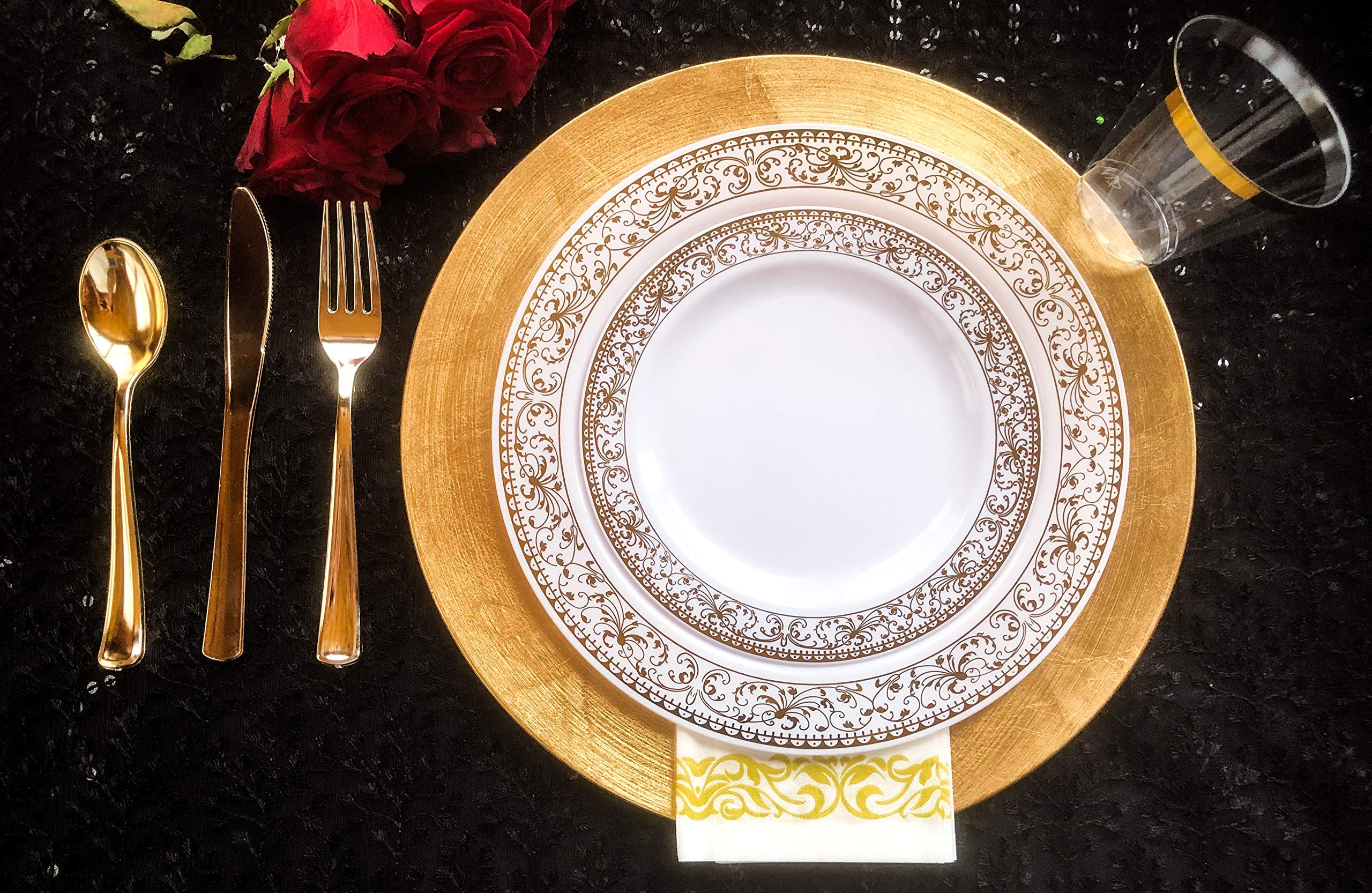 175-Piece Gold Plastic Disposable Dinnerware Set - 25 Dinner Plates, 25 Dessert Plates, 25 Forks, 25 Knives, 25 Spoons, 25 Cups & 25 Napkins with Gold Rim - Perfect for Parties, Weddings, and Special Events