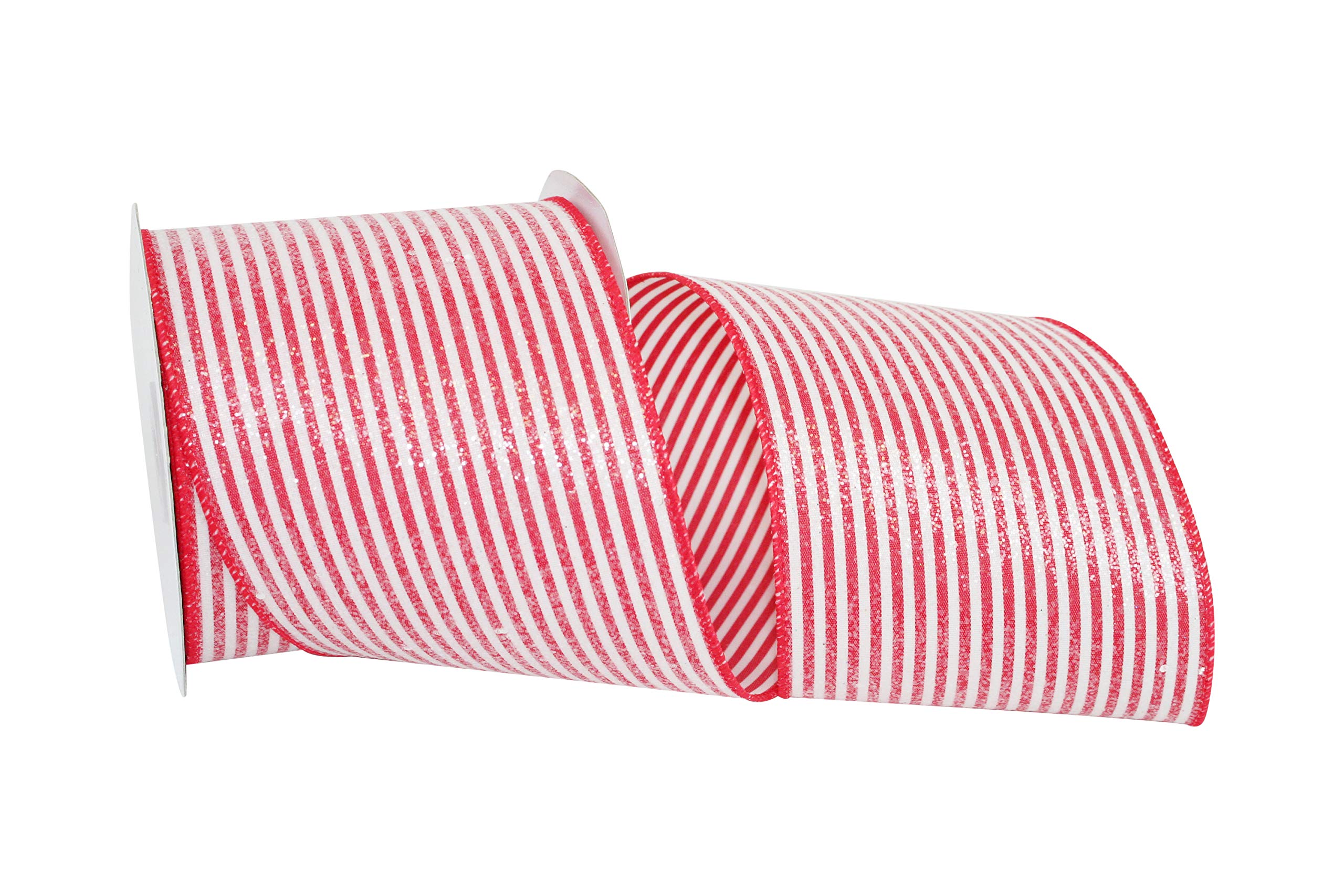 Reliant Ribbon Frosted Candy Stripes Wired Edge Ribbon - 4 Inch x 10 Yards, White/Red - Perfect for Gift Wrapping, Holiday Decorations & DIY Crafts