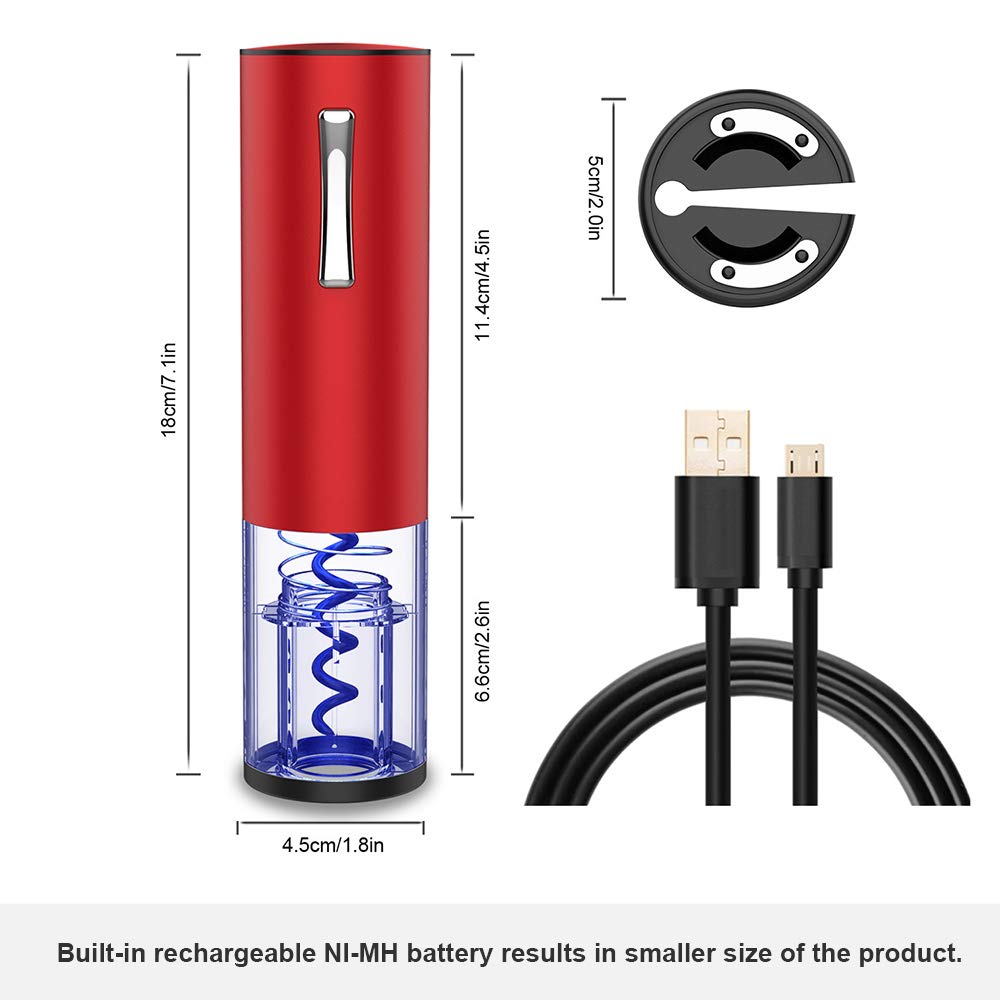 Premium Electric Wine Opener - Automatic Cordless Corkscrew with Foil Cutter & Rechargeable Battery - Stainless Steel Professional Bottle Opener Set (Red) - Perfect for Dinner Parties, Gifts & Home Bars
