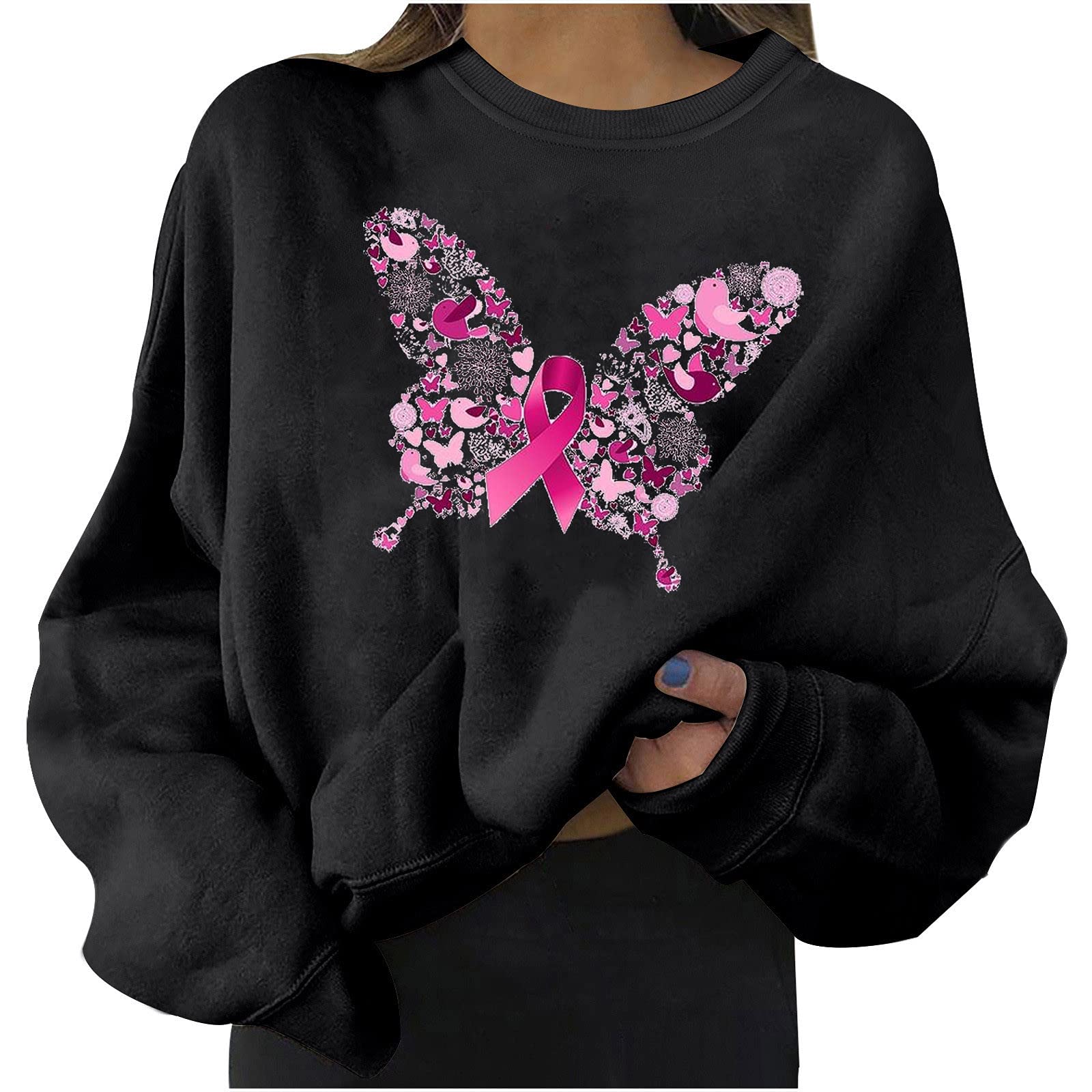Women's Breast Cancer Awareness Shirts - Pink Ribbon Blouse & Butterfly Pullover Sweatshirt | Comfortable Crewneck Tunic Top for Casual Wear | Support Awareness Campaigns, Fundraisers & Survivor Events