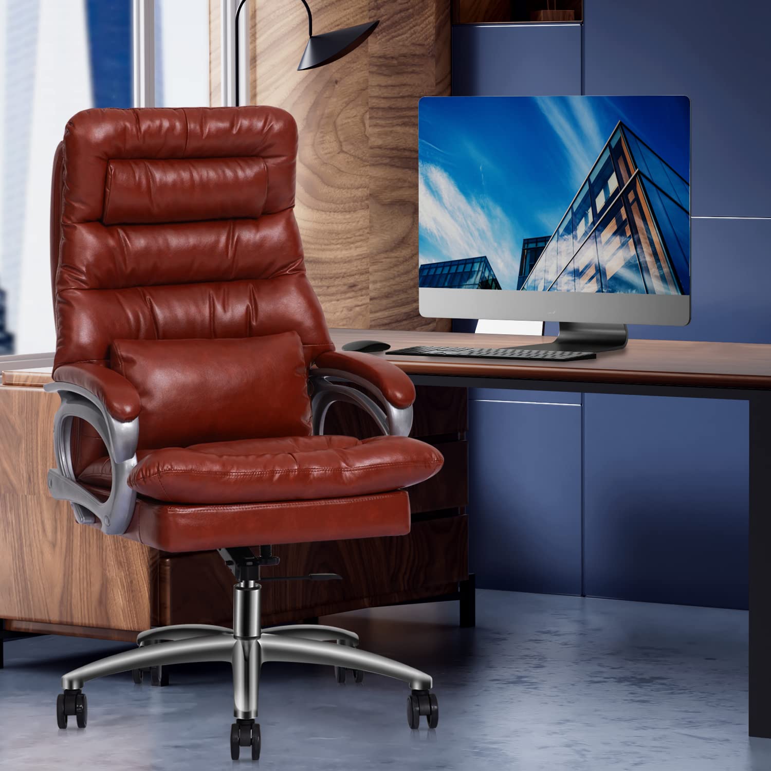 Premium Ergonomic Executive Office Chair - PU Leather Swivel Rolling Chair with Adjustable Height & Tilt, Padded Armrests (Brown) - Perfect for Home Office, Conference Rooms & Workspaces
