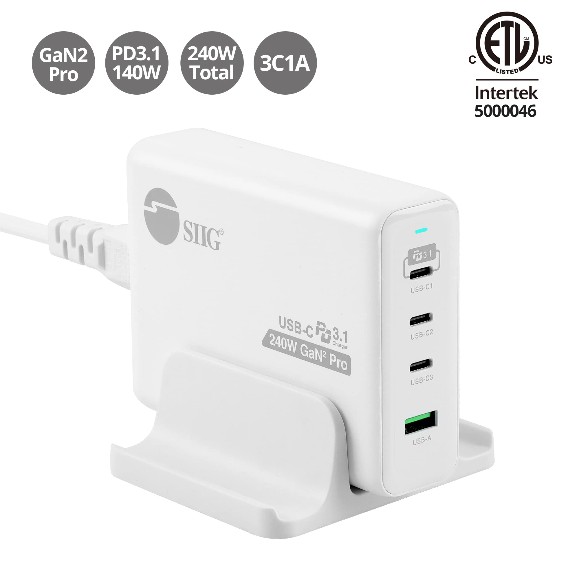 SIIG 240W USB-C GaN Fast Charger 4-Port (3C1A) with PD 3.1 & QC 3.0 - Compatible with MacBook Pro/Air, iPad, iPhone 14/13/12 Series, Samsung Galaxy S22/Note 20, Google Pixel - Perfect for Home, Office & Travel Charging (Model: AC-PW1X11-S1)
