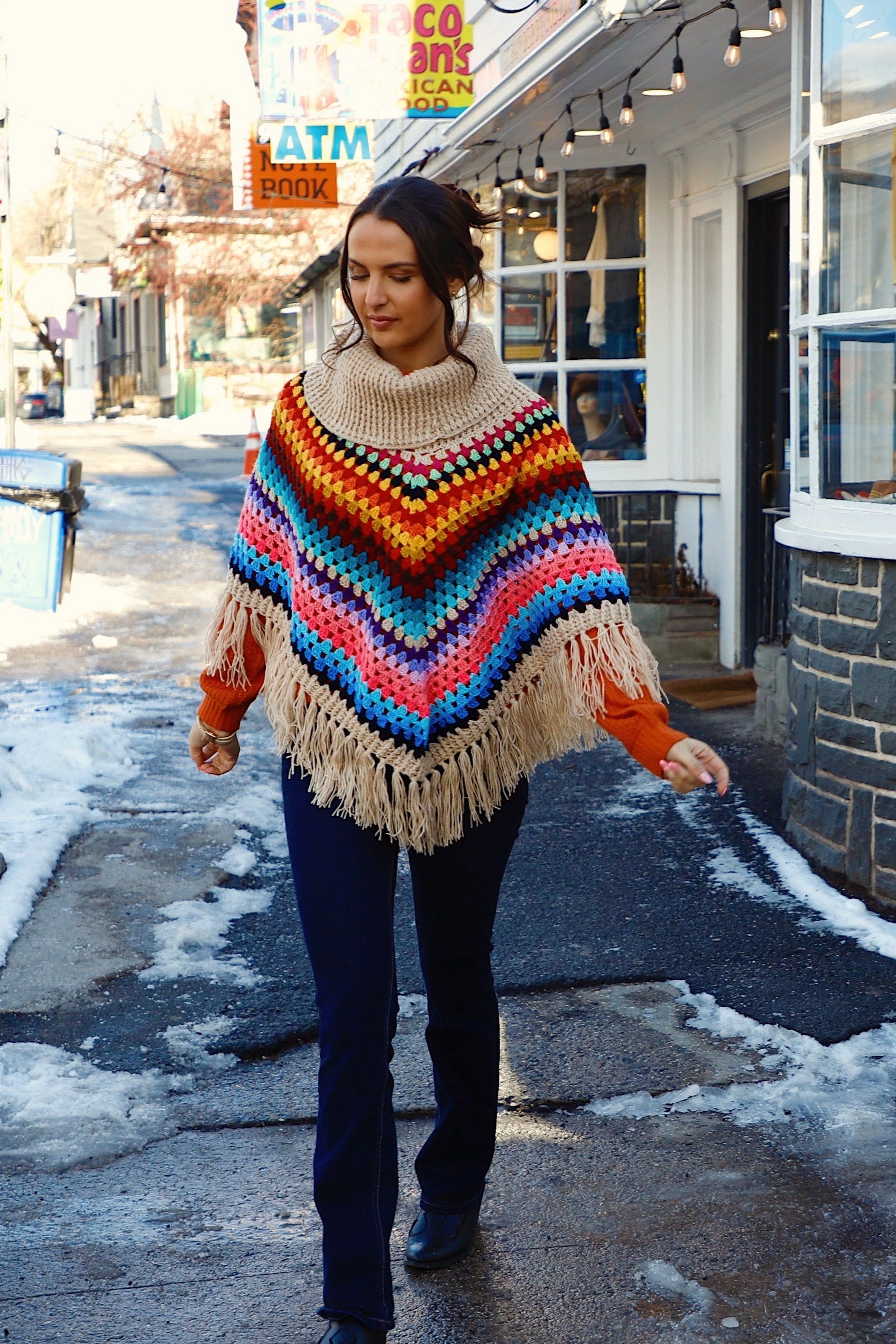 Rainbow Crochet Turtleneck Sweater Poncho - Cozy Handmade Knitwear for Women | Perfect for Fall Fashion, Boho Outfits & Casual Wear