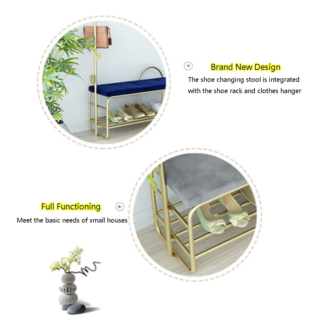 Industrial Metal Frame Entryway Hall Tree - Large Coat Rack with Shoe Bench, 5 Hooks & Storage Shelf for Clothing, Jackets & Shoes - Perfect for Living Room, Bedroom & Entryway Organization (Gold+Blue, 80x35x175cm) - Ideal for Small Spaces & Home Decor