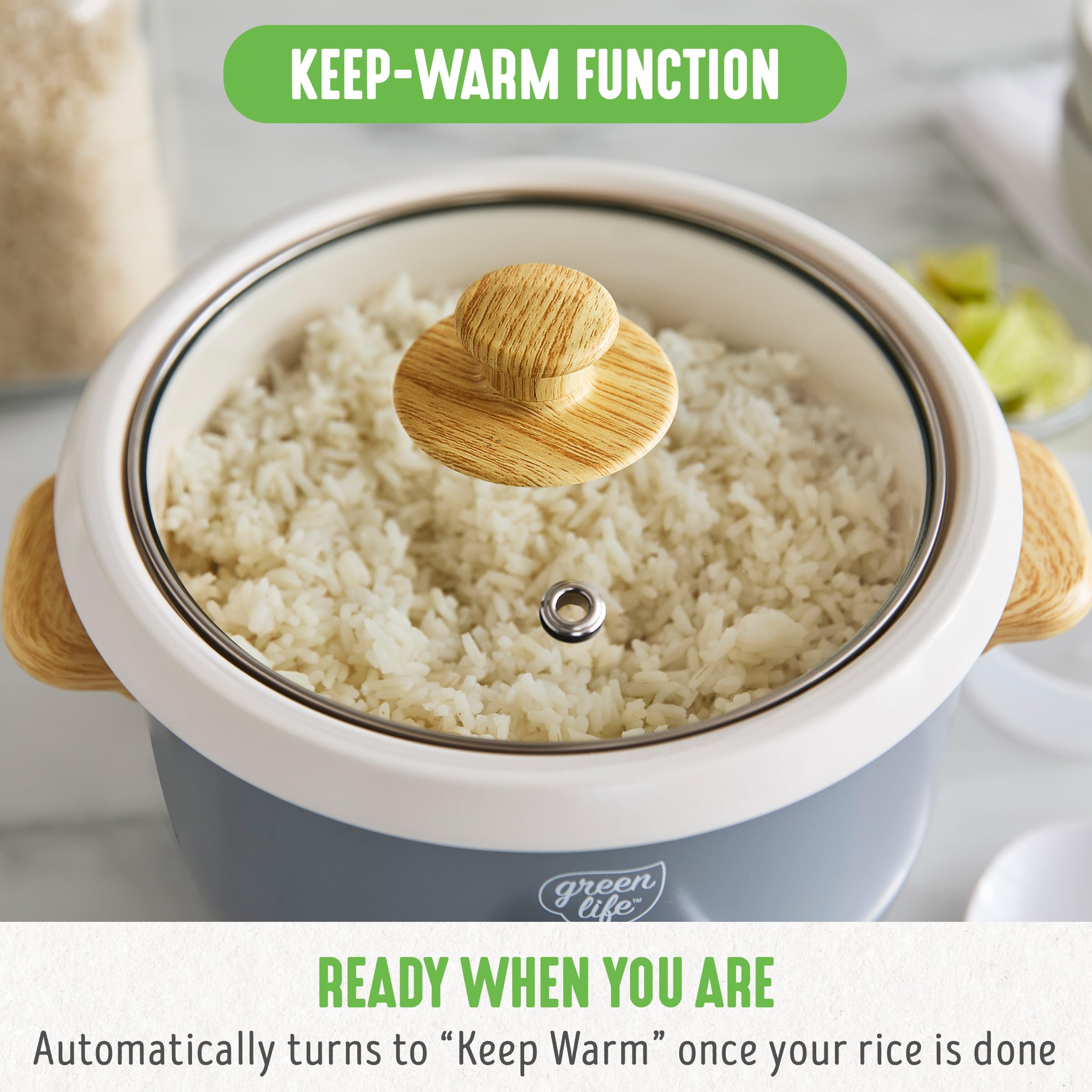 GreenLife Electric Rice Cooker Steamer - 3 Cup Uncooked/6 Cup Cooked Capacity, PFAS-Free Nonstick Removable Pot with Auto Presets | Wood Print Handle, Dishwasher Safe | Includes Measuring Cup & Rice Paddle in Quartz Grey | Perfect for Small Families, Dorm Rooms & Meal Prep