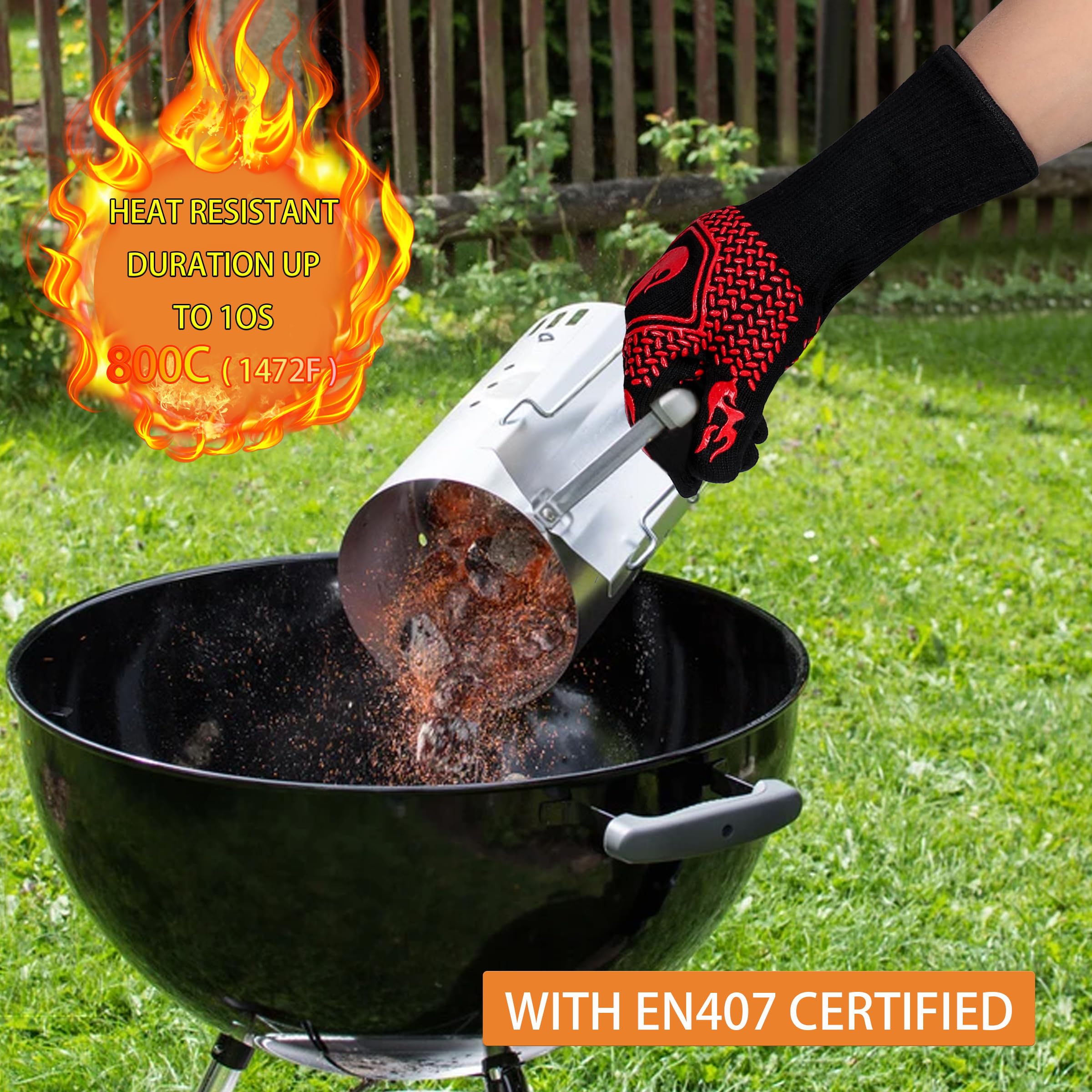 Heat-Resistant BBQ Gloves - 1472°F Fireproof & Cut-Resistant Grill Gloves with Non-Slip Silicone Grip for Safe Cooking, Grilling, Frying & Baking - Perfect for Outdoor BBQ, Camping & Kitchen Use (2 Pairs, Red)