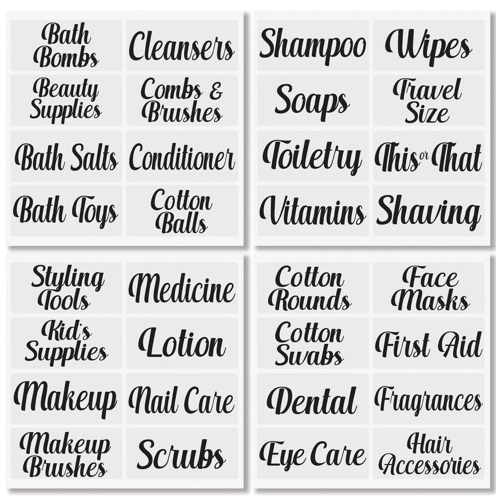 mDesign Home Organization Labels - 32 Preprinted Clear/Black Label Stickers for Bathroom Storage, Cleaning & Household Organization - Perfect for Jars, Canisters, Containers, Bins & Boxes - Ideal for Pantry, Office & Laundry Room Organization