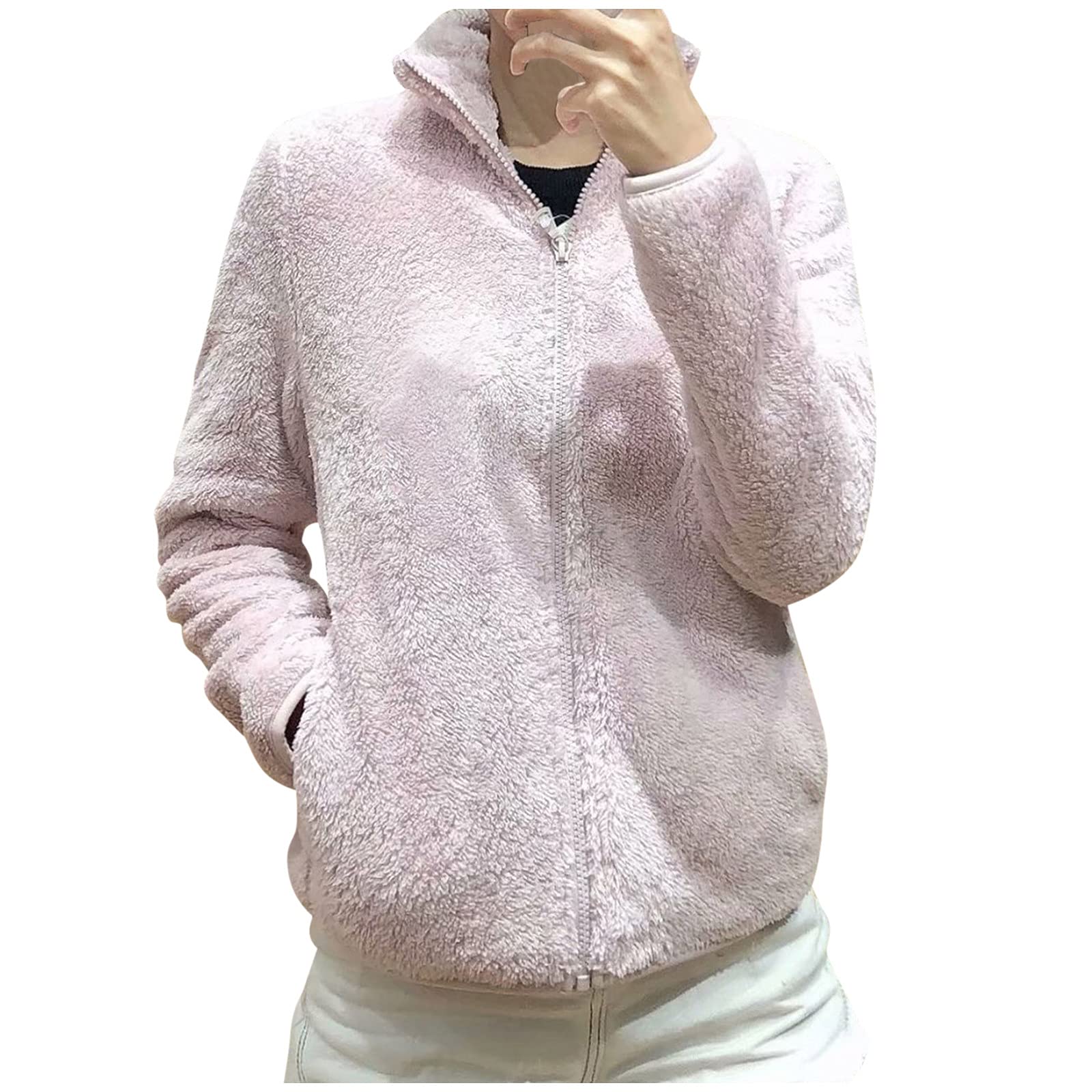 Women's Full Zip Fleece Jacket - Stand Collar Sherpa Lined Winter Coat with Side Pockets | Warm Fleece Jacket for Outdoor Activities, Hiking & Casual Wear