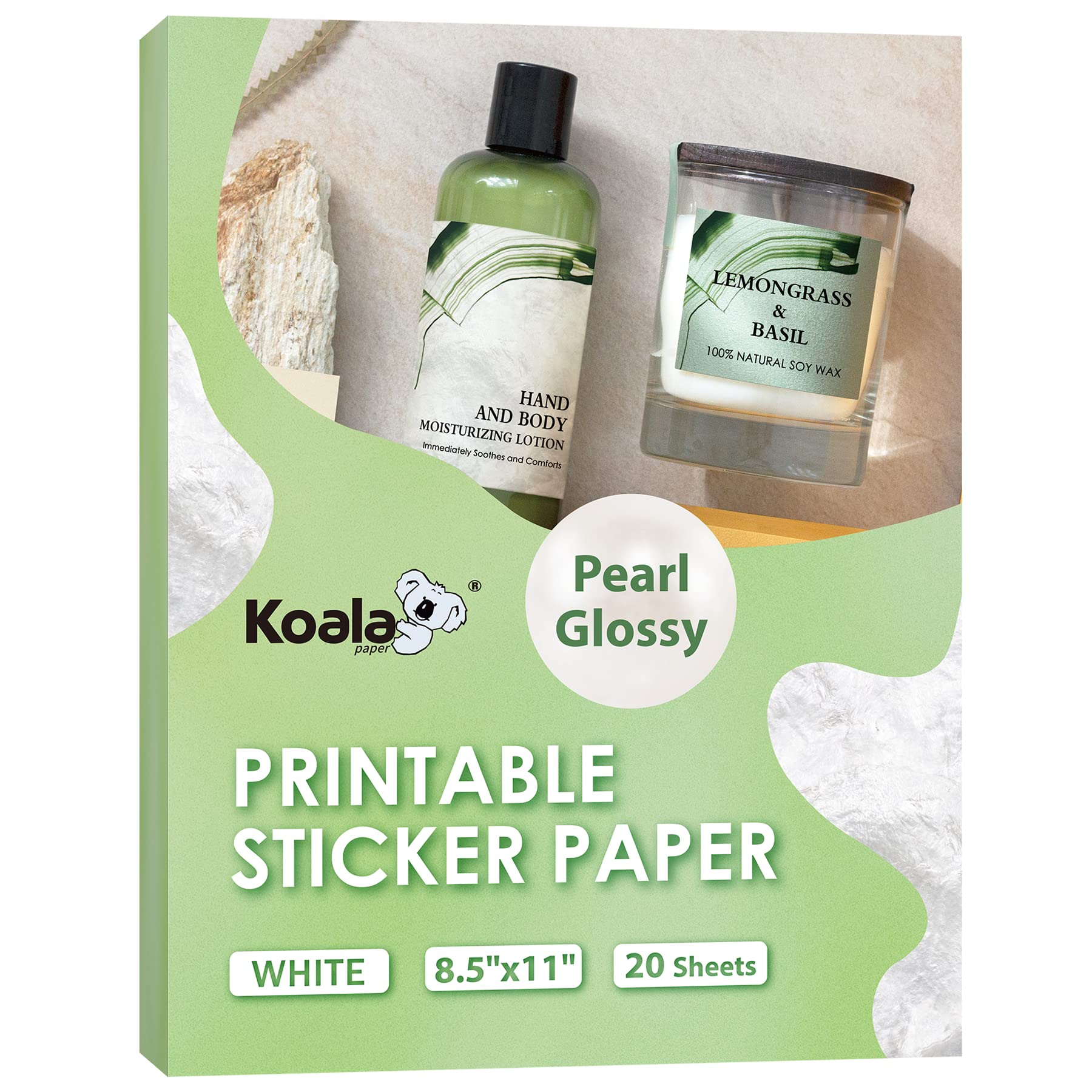 Koala Pearl Glossy Sticker Paper for Inkjet & Laser Printers - 20 Sheets 8.5x11 Inch Printable Pearly Gloss Photo Sticker Paper - Perfect for Wedding Invitations, Birthday Party Decorations, DIY Crafts & Scrapbooking