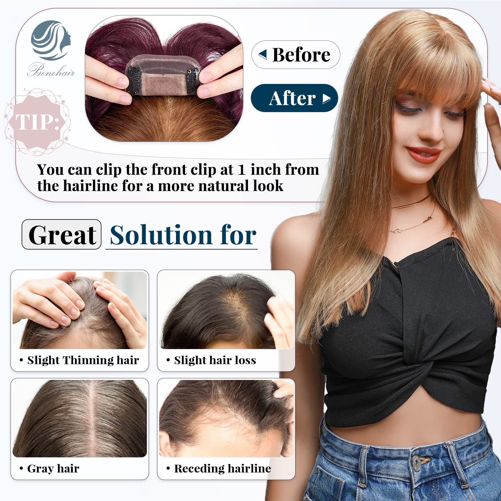 Benehair Clip-in Human Hair Topper with Thin Bangs - 12