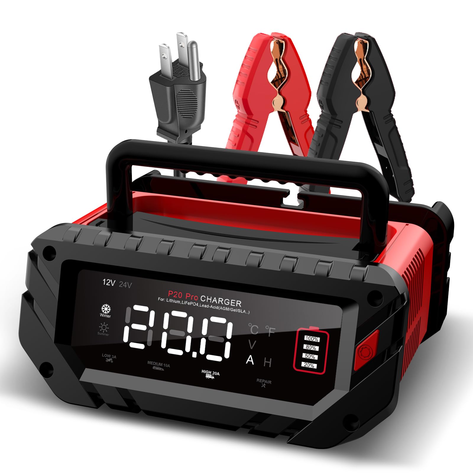 20-Amp 12V/24V Smart Car Battery Charger & Maintainer - Fast Charging for Lead-Acid, Lithium & LiFePO4 Batteries - Perfect for Cars, Motorcycles, Boats & RVs - Keep Your Vehicle Ready for Road Trips & Long-Term Storage
