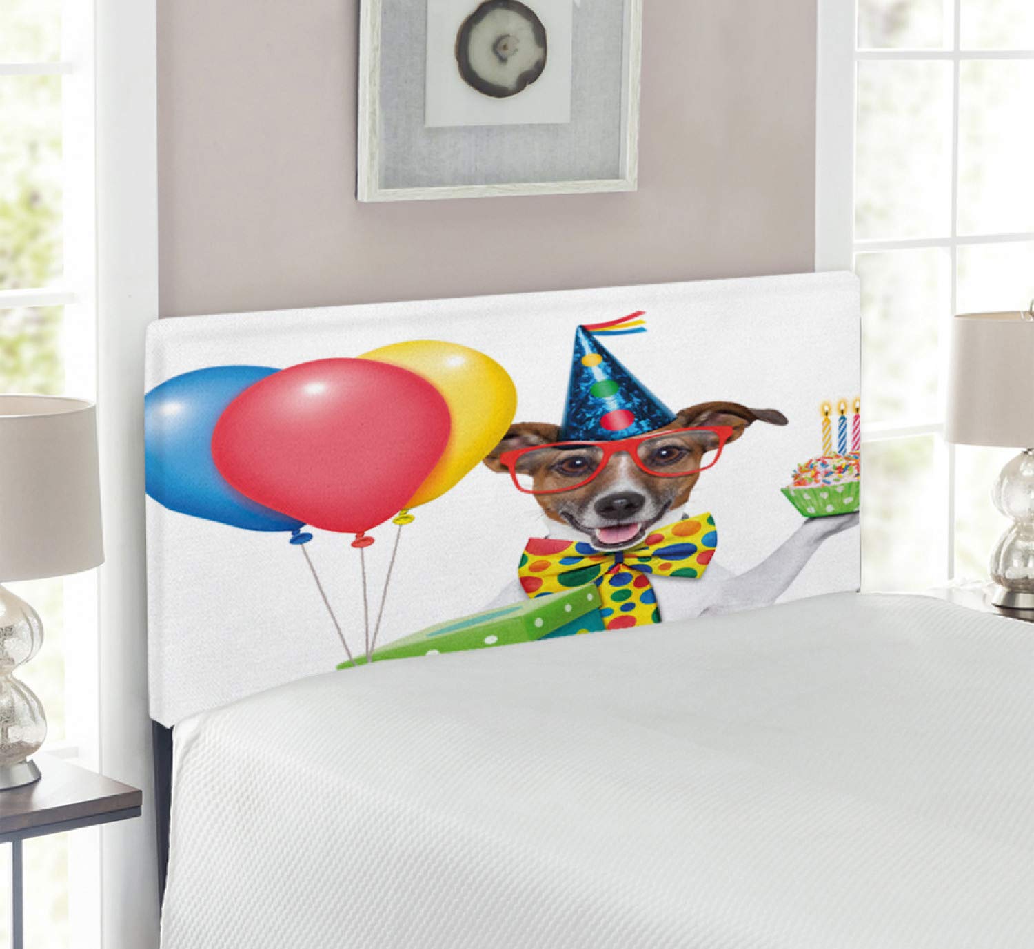 Ambesonne French Bulldog Birthday Party Headboard - Happy Dog Animal Cake Candles Themed Upholstered Metal Bed Headboard with Memory Foam, Twin Size, Multicolor - Perfect for Kids' Rooms, Pet Lover Gifts & Themed Bedroom Decor