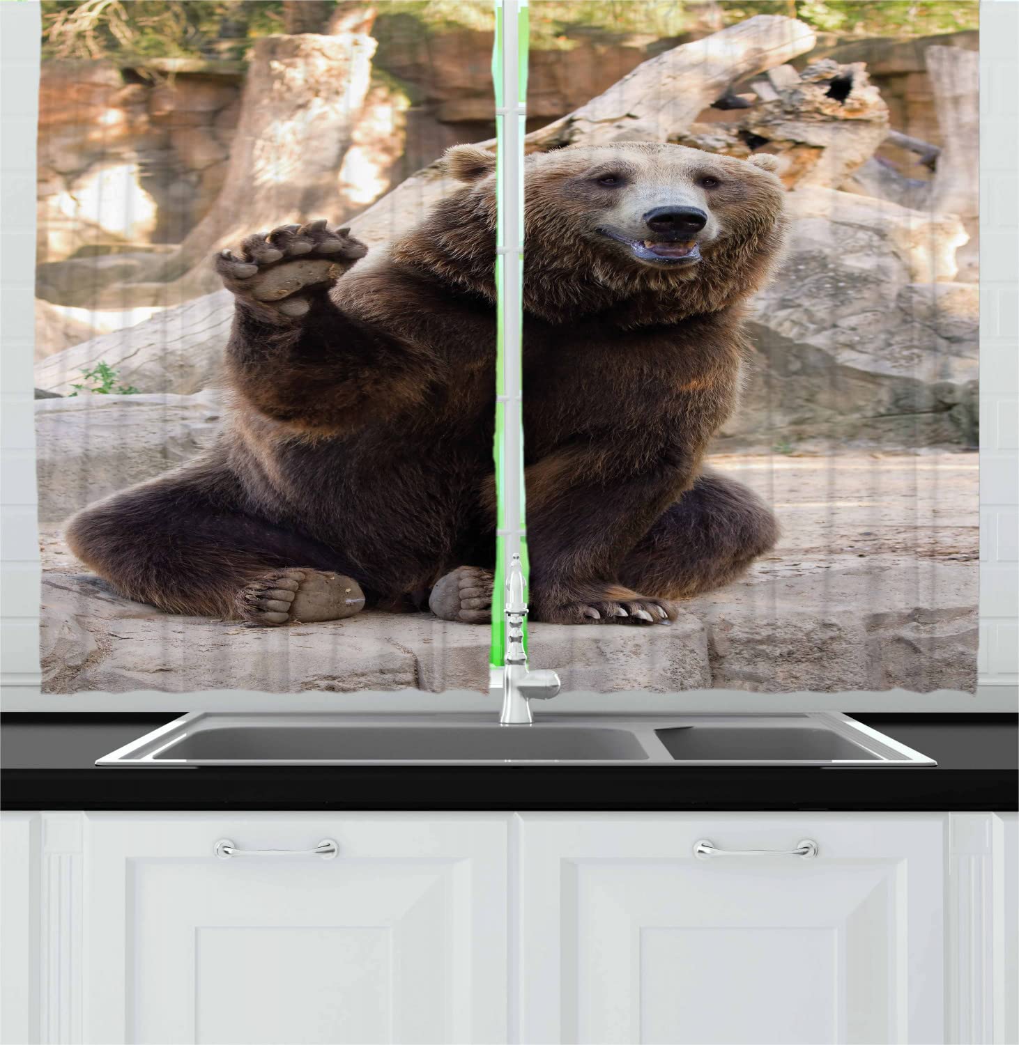 Ambesonne Bear Print Kitchen Curtains - Funny Zoo Animal Design with Waving Paw, 2 Panel Rod Pocket Drapes for Windows, 55 x 45 Inches, Brown Beige - Perfect for Wildlife Themed Kitchen Decor and Playful Home Accents