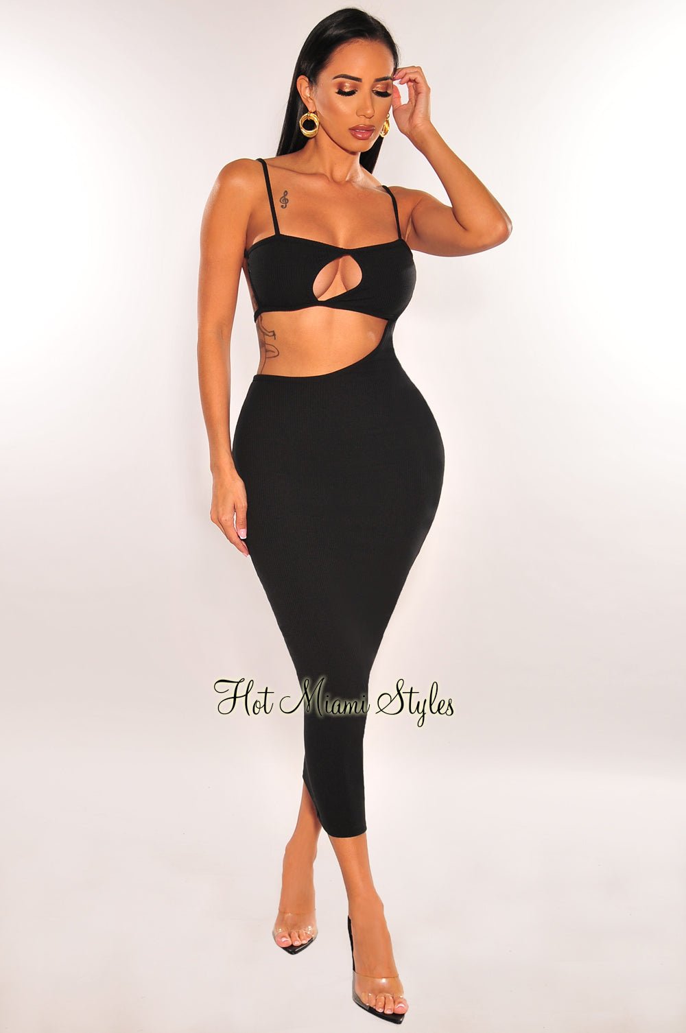 Sexy Black Keyhole Ribbed Spaghetti Straps Cut Out Strappy Bodycon Dress for Women - Perfect for Date Night, Club Party, and Evening Outfits