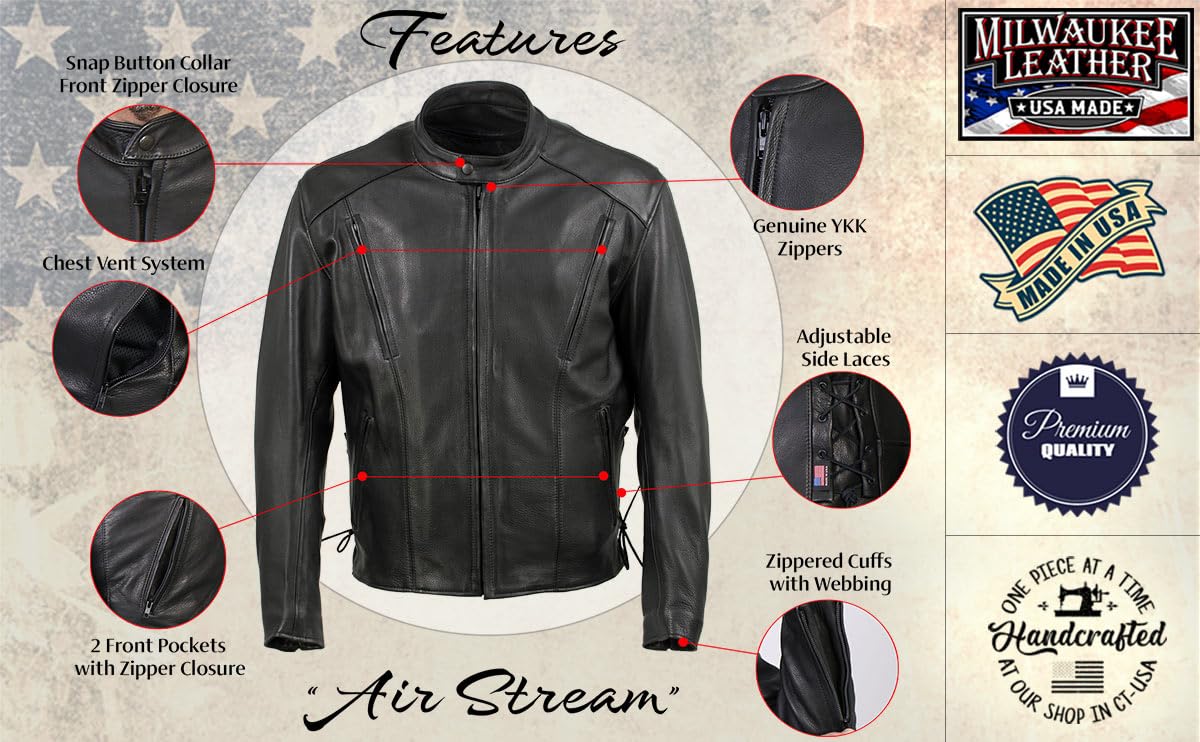 Milwaukee MLJKM5002 Premium Black Leather Motorcycle Jacket for Men - USA Made, Air Stream Vented Design with Adjustable Side Laces | Perfect for Riding, Cruising & Motorcycle Enthusiasts