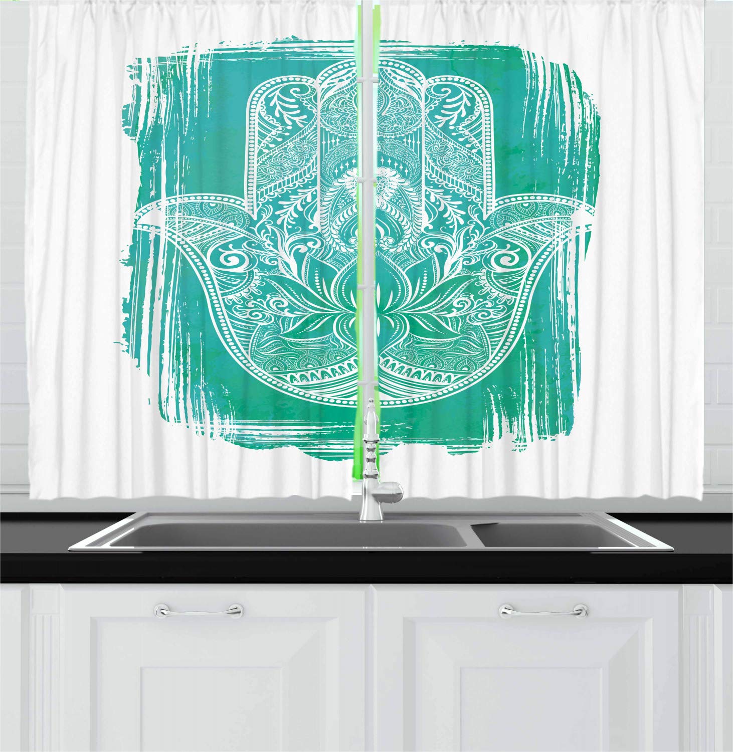 Ambesonne Hamsa Kitchen Curtains Set of 2 Panels - Ethnic Lotus Meditation Print Window Drapes, 55