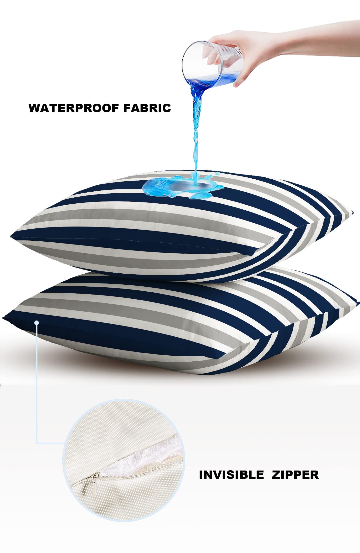 Waterproof Outdoor Throw Pillow Covers 18x18 Inch - Navy Blue & Gray White Stripes Polyester Cushion Cases for Patio Furniture, Garden Chairs, Sofa & Couch Decor (Set of 2) - Perfect for Backyard, Poolside & Living Room