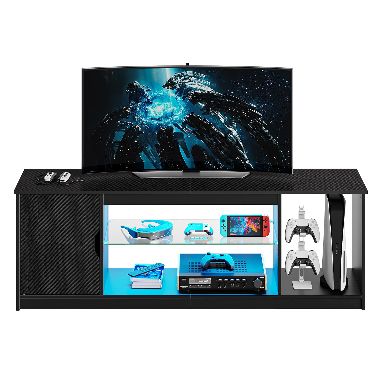 Bestier 57 Inch Modern LED TV Stand for 55/60/65 Inch TVs - Gaming Entertainment Center with Storage Cabinet for PS5, Xbox & Media Devices - Adjustable Glass Shelves TV Console for Living Room & Bedroom - Perfect for Home Theater Setup & Gaming Stations (Black)