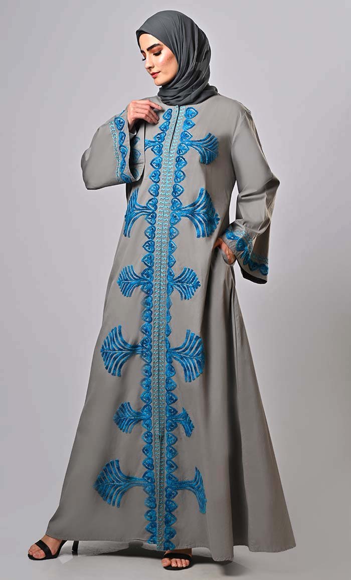 Elegant Islamic Mughal Aari Embroidered Abaya with Pockets - Modest Muslim Prayer Dress for Women, Perfect for Eid, Mosque & Special Occasions