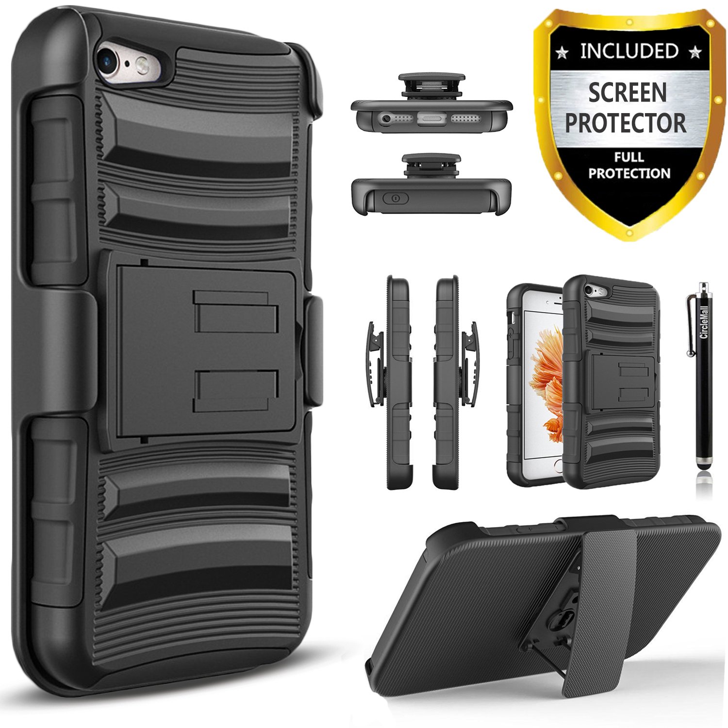 Premium iPhone 6/6S Case with Kickstand, HD Screen Protector & Belt Clip Holster - Includes Free Stylus Pen (Black) | Perfect for Work, Travel & Everyday Protection