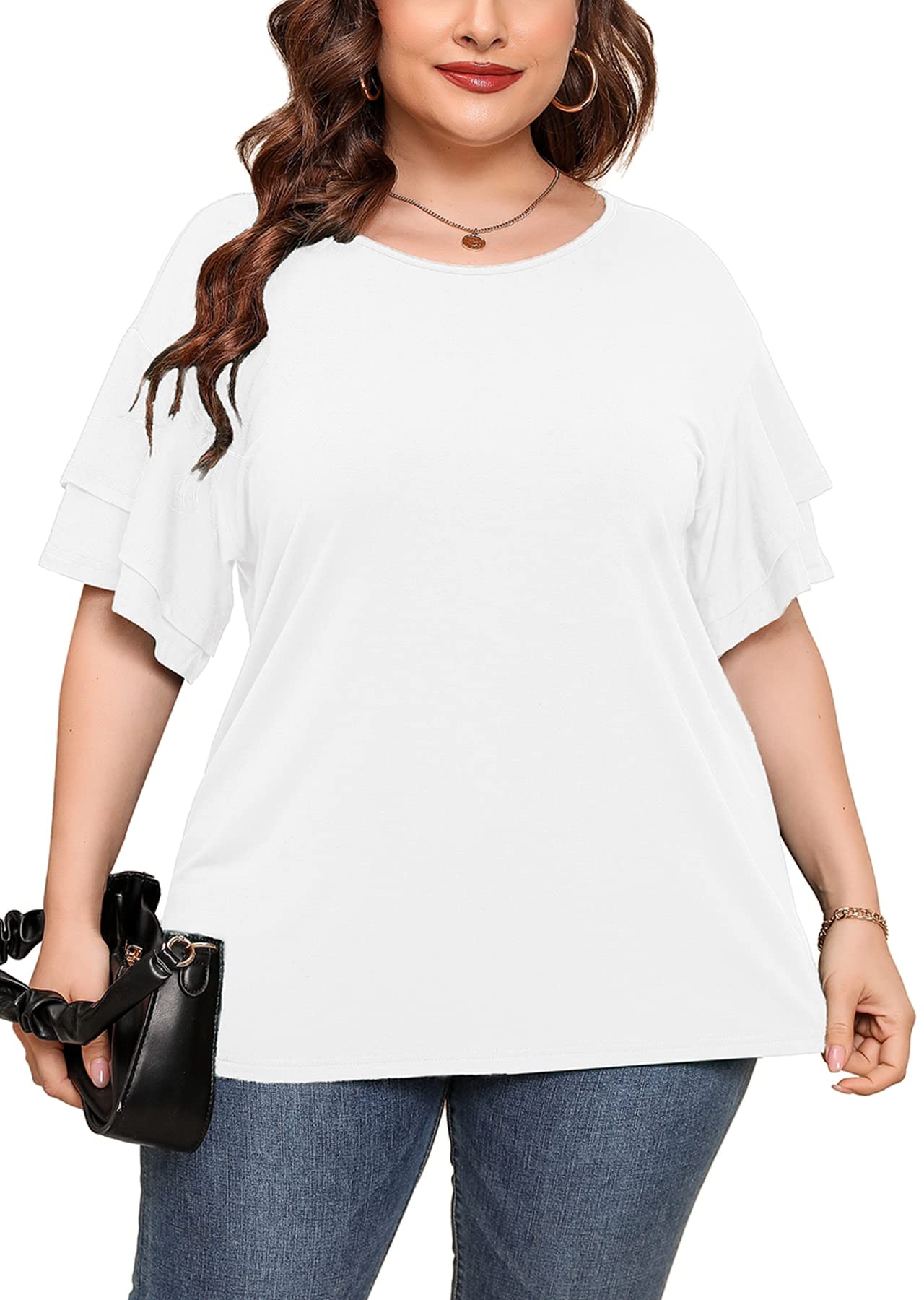 Plus Size Tunic for Women - Double Ruffle Short Sleeve Loose Fit Flowy Shirt | Summer Casual Top for Work, Beach & Everyday Wear