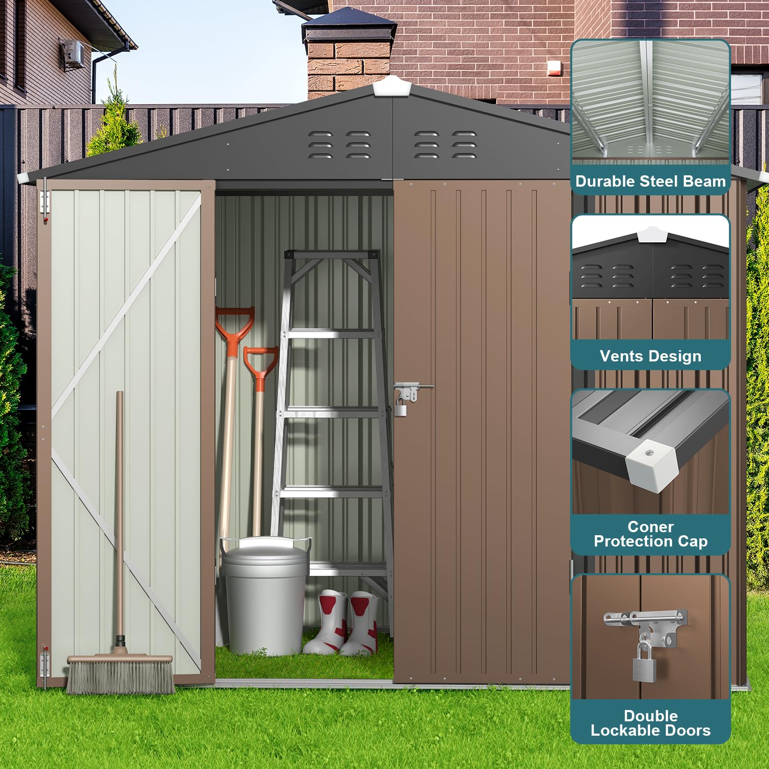 Gizoon 8x6 FT Galvanized Metal Outdoor Storage Shed - Double Lockable Doors, Weather-Resistant Garden Shed for Backyard, Patio & Lawn (Light Brown) | Perfect for Storing Tools, Equipment & Seasonal Items