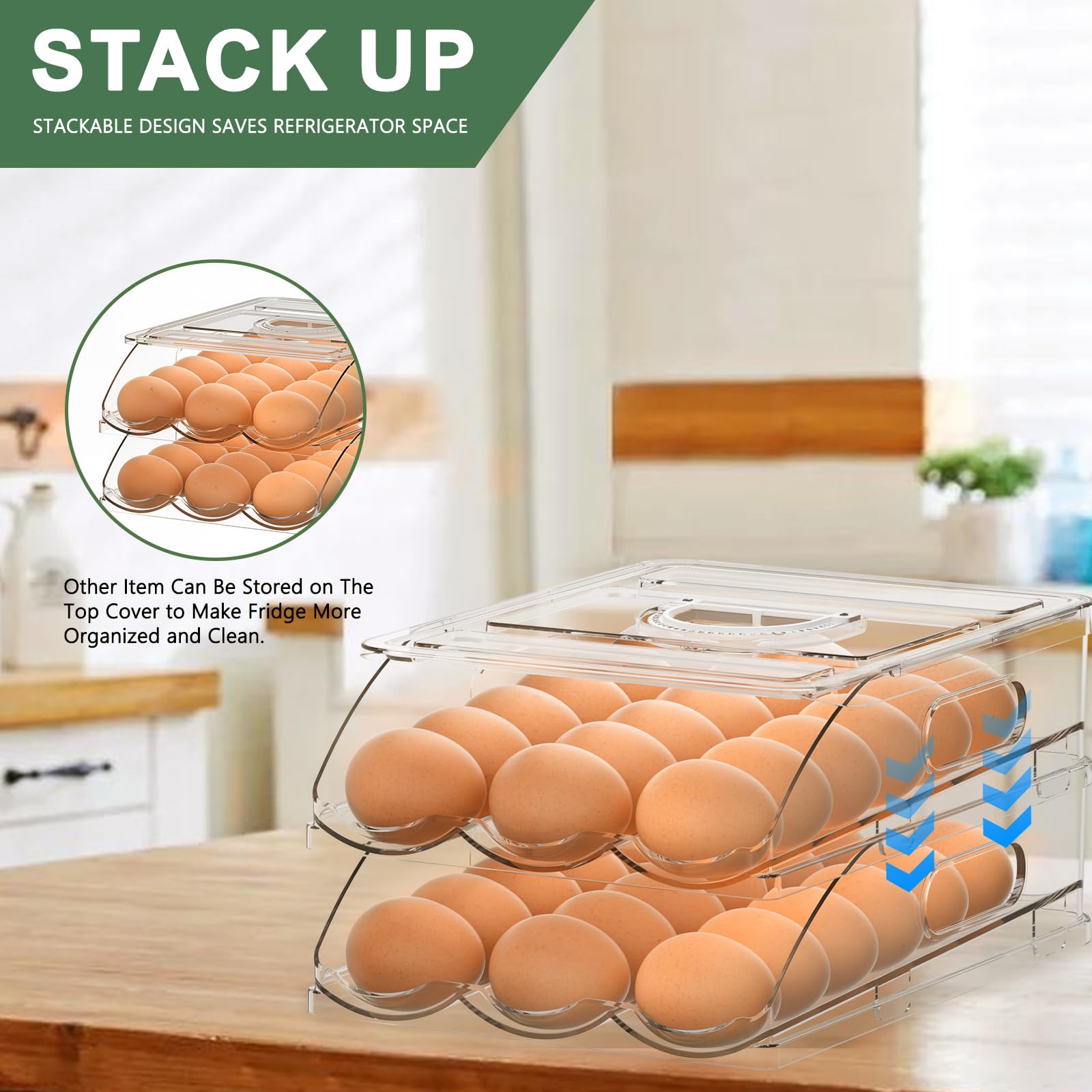 2-Layer Large Capacity Rolling Egg Holder for Refrigerator - 36 Egg Storage Container Organizer with Lid for Kitchen & Fridge - Perfect for Fresh Egg Storage, Space Saving, and Organized Refrigerator Storage