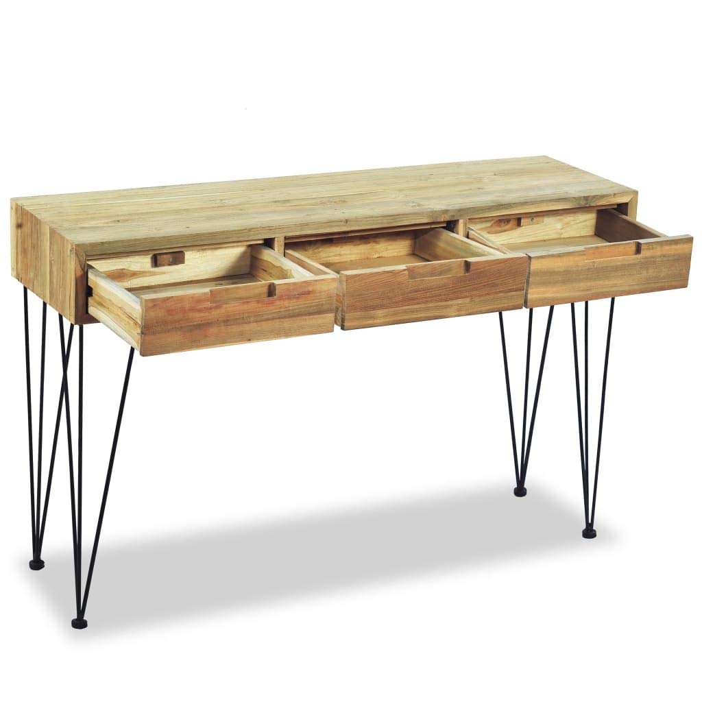 Rustic Industrial Console Table with 3 Drawers - Solid Teak Wood Sofa Table with Iron Legs, 47.2