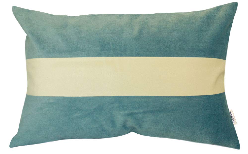Premium Set of 2 Heavy Velvet Decorative Throw Pillow Covers - Cream White Striped Super Soft Cushion Cases (12x24 Inch) for Sofa, Bed, Outdoor Patio - Blue Lumbar Pillow Shells Indoor/Outdoor Use
