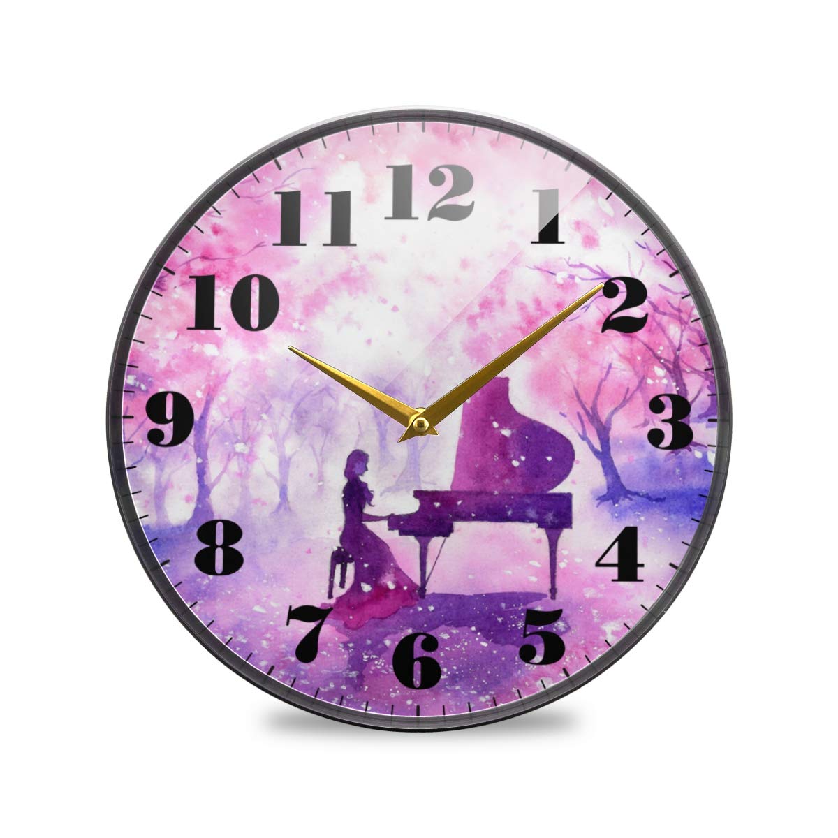 Joysay Silent Wall Clock - Battery Operated, Non-Ticking Watercolor Girl Playing Piano Design - Perfect for Living Room, Office & Bedroom Decor | Elegant Home & Workspace Timepiece