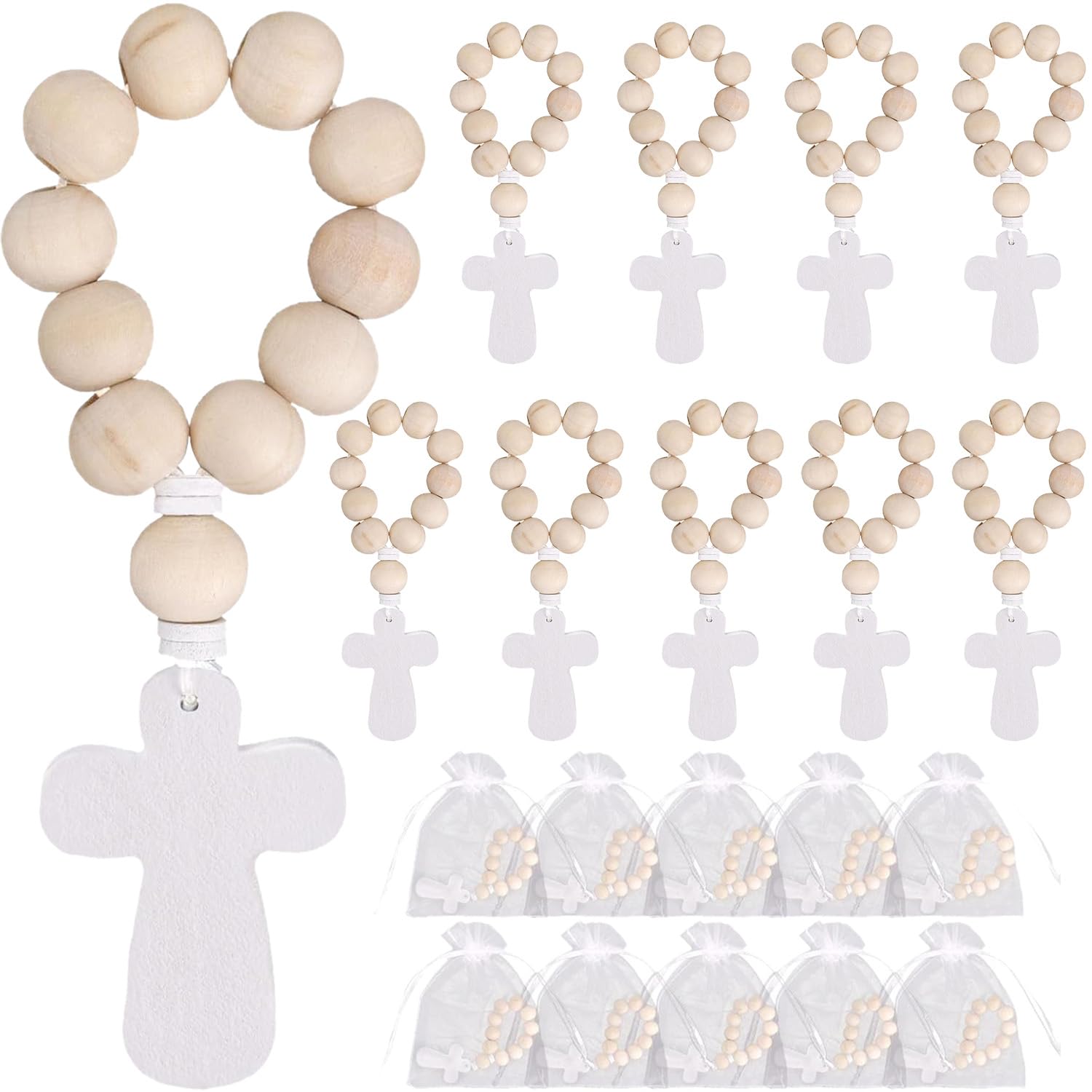10 Pcs Wooden Rosary Cross Pendant with White Mesh Bags - Catholic First Communion Confirmation Gifts for Baby Boy Girl, Baptism Favors, Christening Party Favors - Perfect for Religious Ceremonies, Baby Showers & Bridal Events