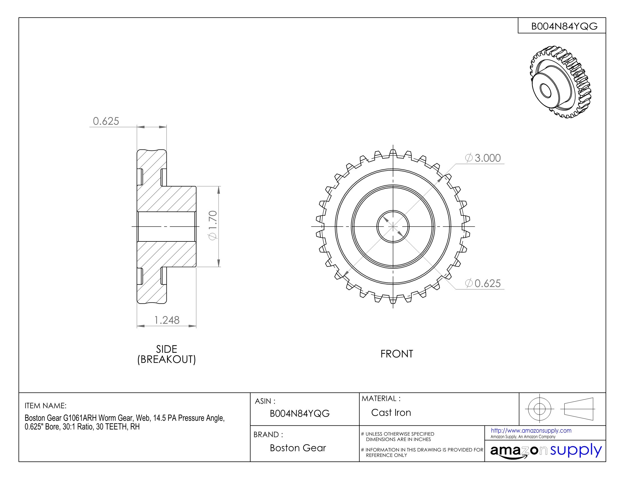 High-Quality G1061ARH Worm Gear - 14.5 PA Pressure Angle, 0.625