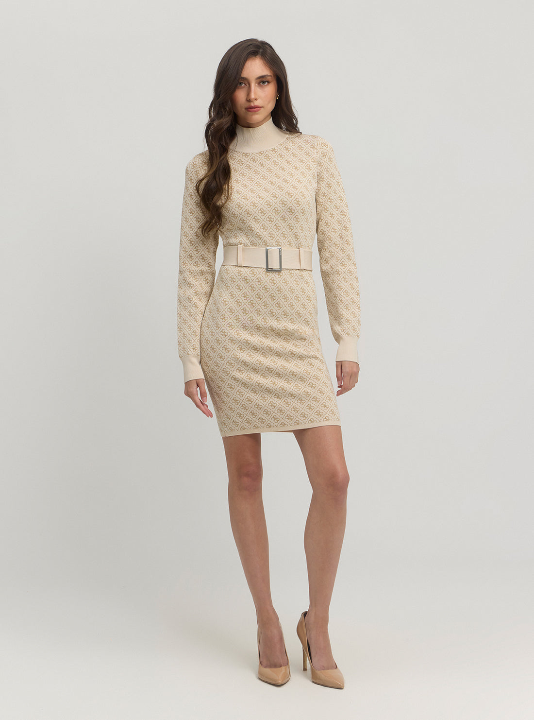 Beige Logo Belted Knit Midi Dress for Women - Elegant Casual Office Wear & Spring Outfits